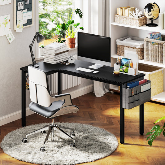 HOMCOM L-Shaped Computer Gaming Desk with Fabric Bag, Hooks and Cable Management, 145 x 81 x 76cm - Black