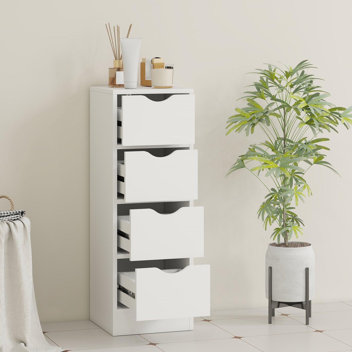 HOMCOM 4-Drawer Bathroom Cabinet, Freestanding Narrow Storage Cabinet with Groove Handles for Small Spaces, White