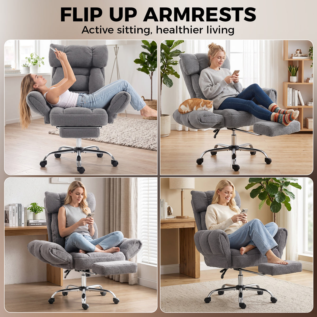 HOMCOM Criss Cross Office Chair with Flip-Up Armrests, Reclining Desk Chair with Wide Seat, Footrest, Wheels, Grey