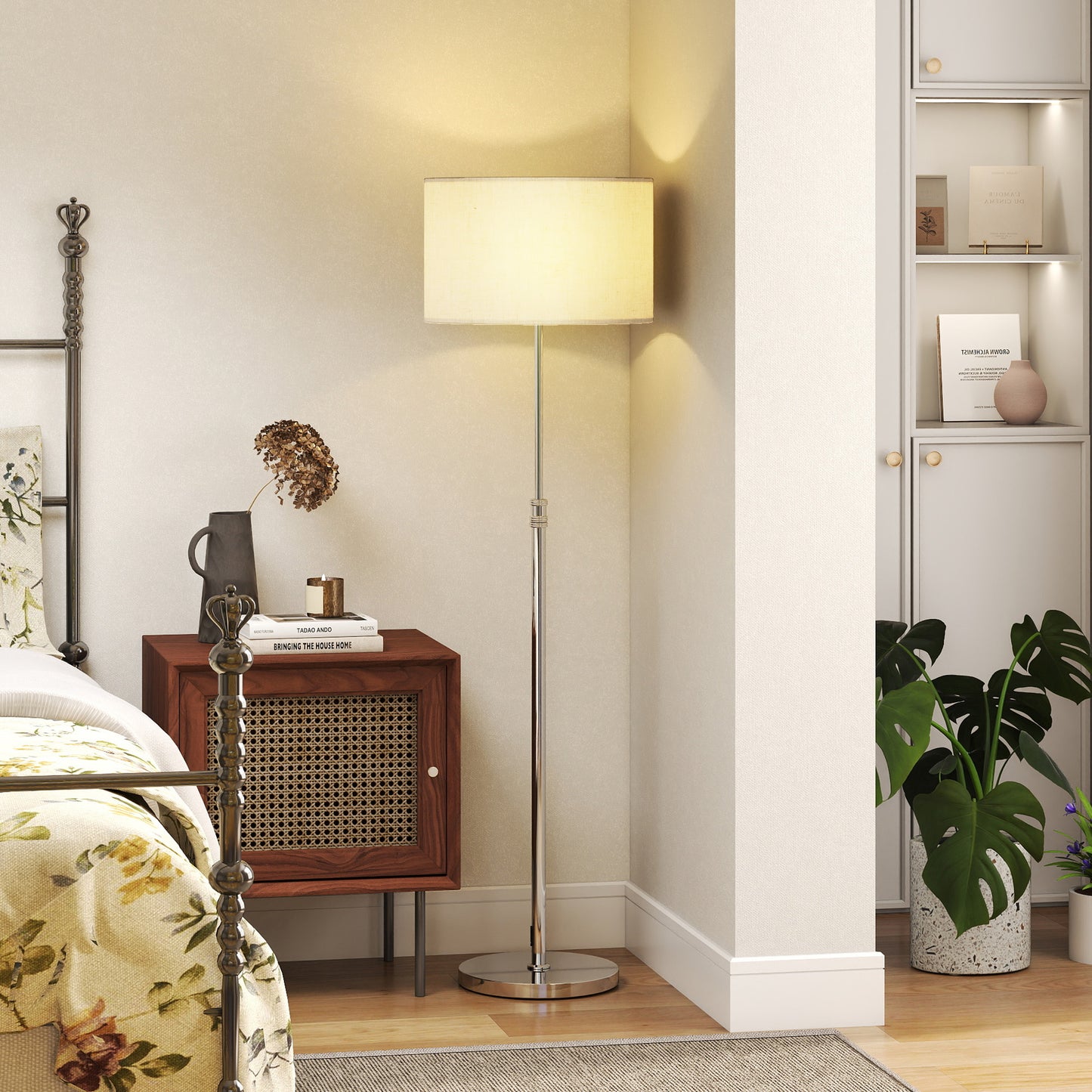 HOMCOM Floor Lamp with Remote, Height Adjustable Standing Lamp with Linen Shade, Dimmable with 3000K-6000K Adjustable Colour Temperatures, Foot Switch for Living Room Bedroom Office, Silver Tone