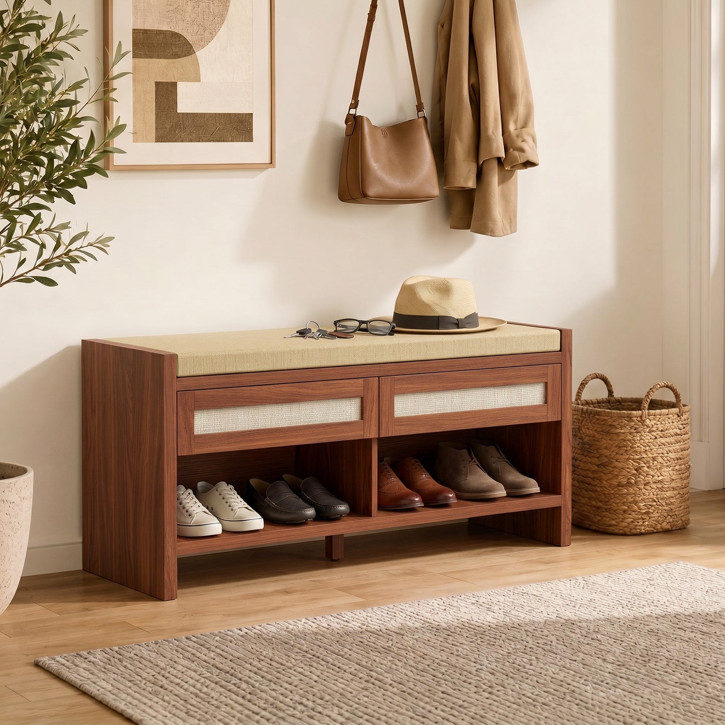 HOMCOM Boho Shoe Bench with 2 Rattan Drawers, Shoe Storage Bench with Cushioned Seat and Open Shelf Brown