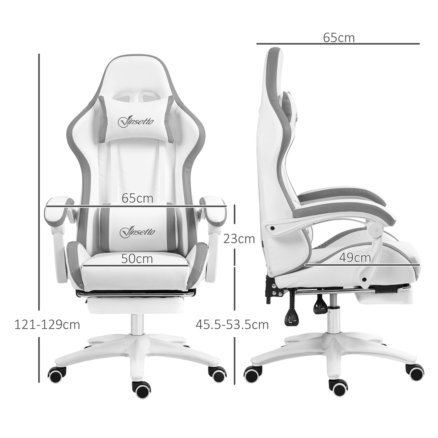 Vinsetto Computer Gaming Chair, PU Leather Desk Chair with Footrest, Swivel Task Chair with 135Â° Reclining Back and Lumbar Support, PC Chair for Adults, White and Grey