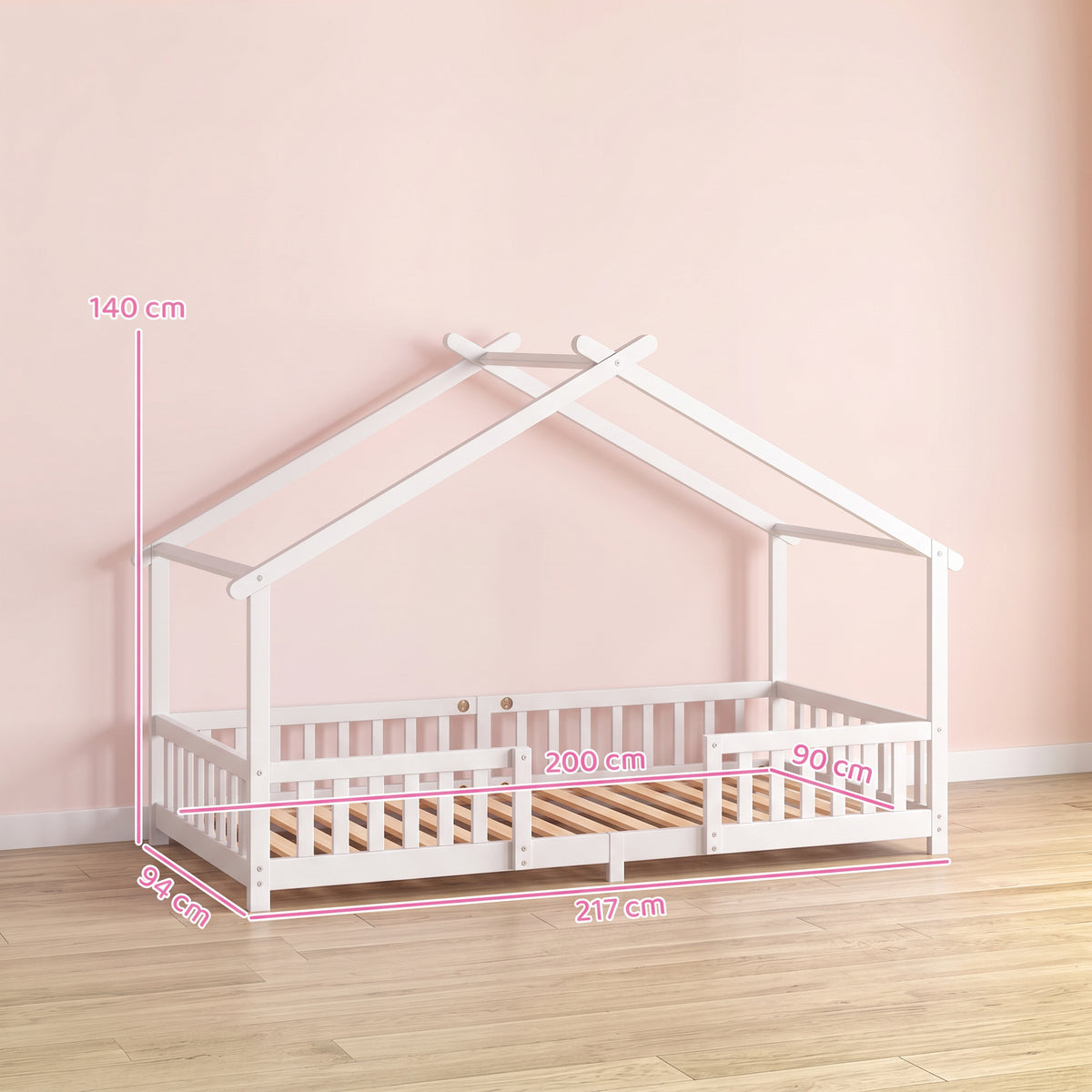 AIYAPLAY Wooden Kids House Single Bed Frame, Solid Pine Wood Toddler Bed with Dual Guardrails for Children, Boys, Girls, White