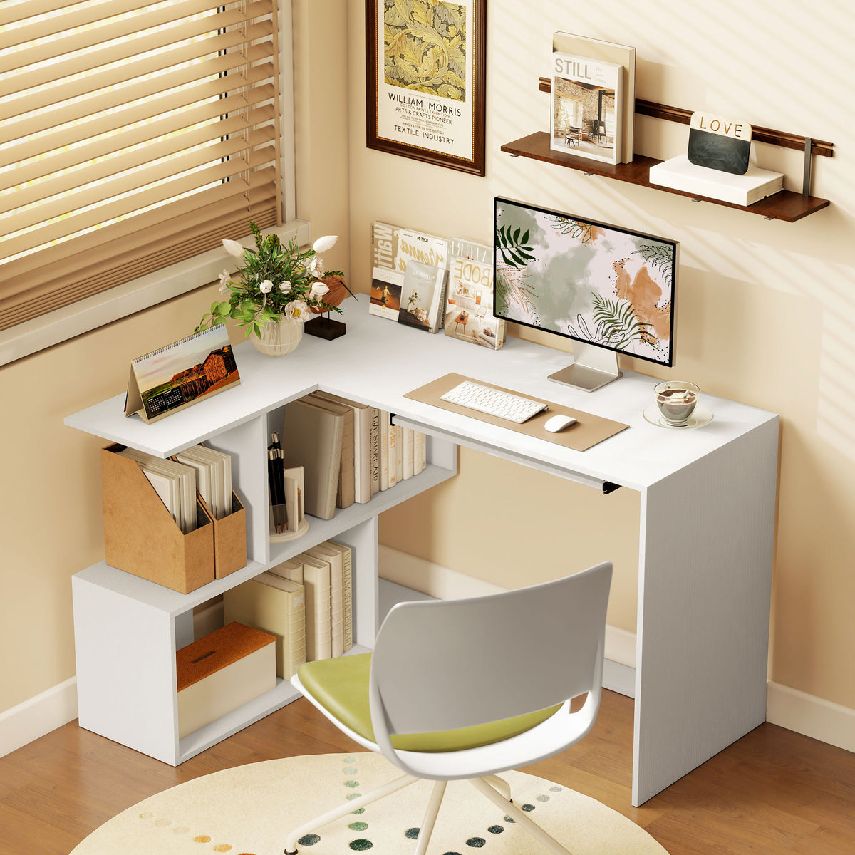 HOMCOM L-Shaped Corner Desk, Computer Desk with Keyboard Tray and Open Shelves, White Wood Effect