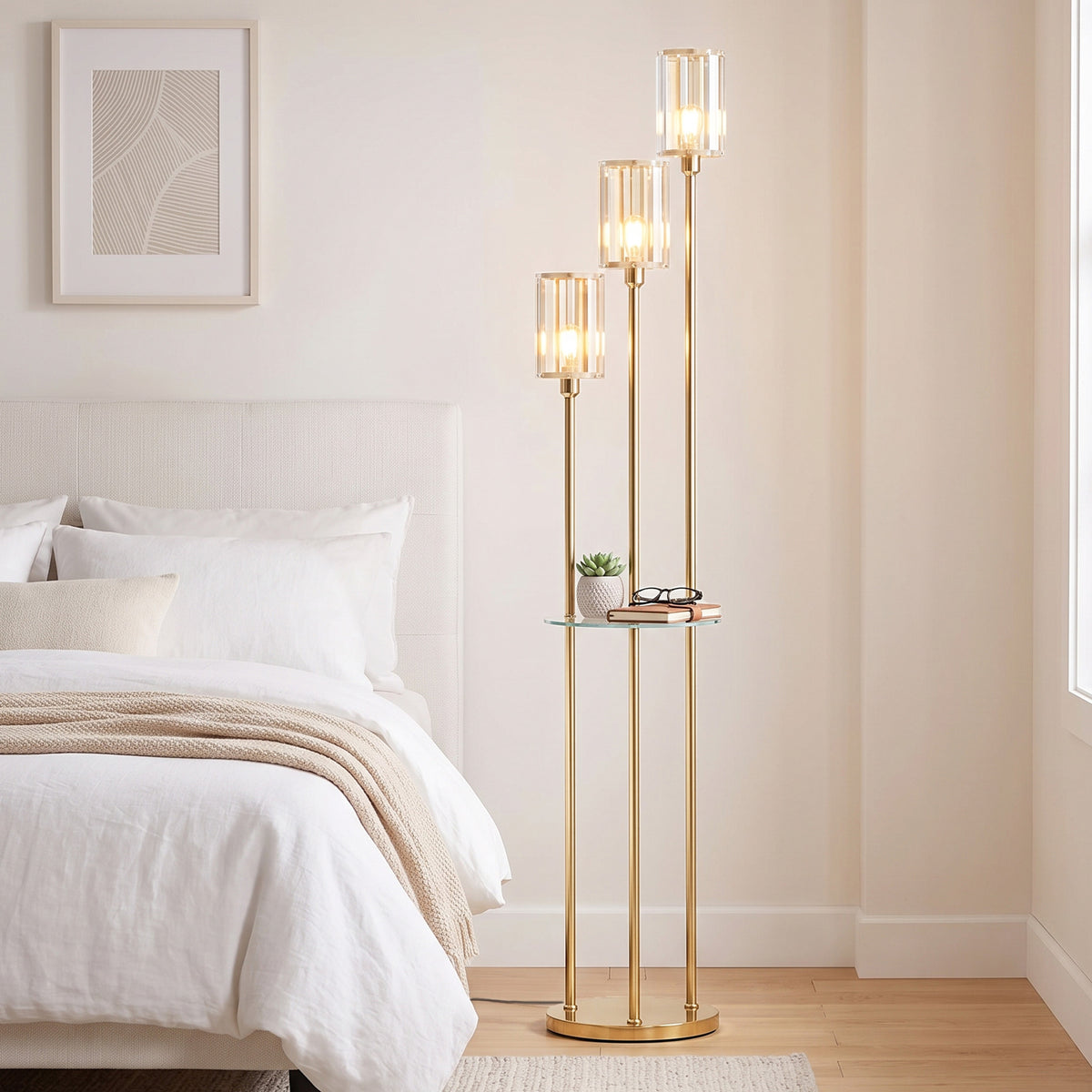 HOMCOM Floor Lamp with Shelves, 3-Light Crystal Standing Lamp with Glass Shades and Foot Switch, Bulbs Not Included, Gold Tone