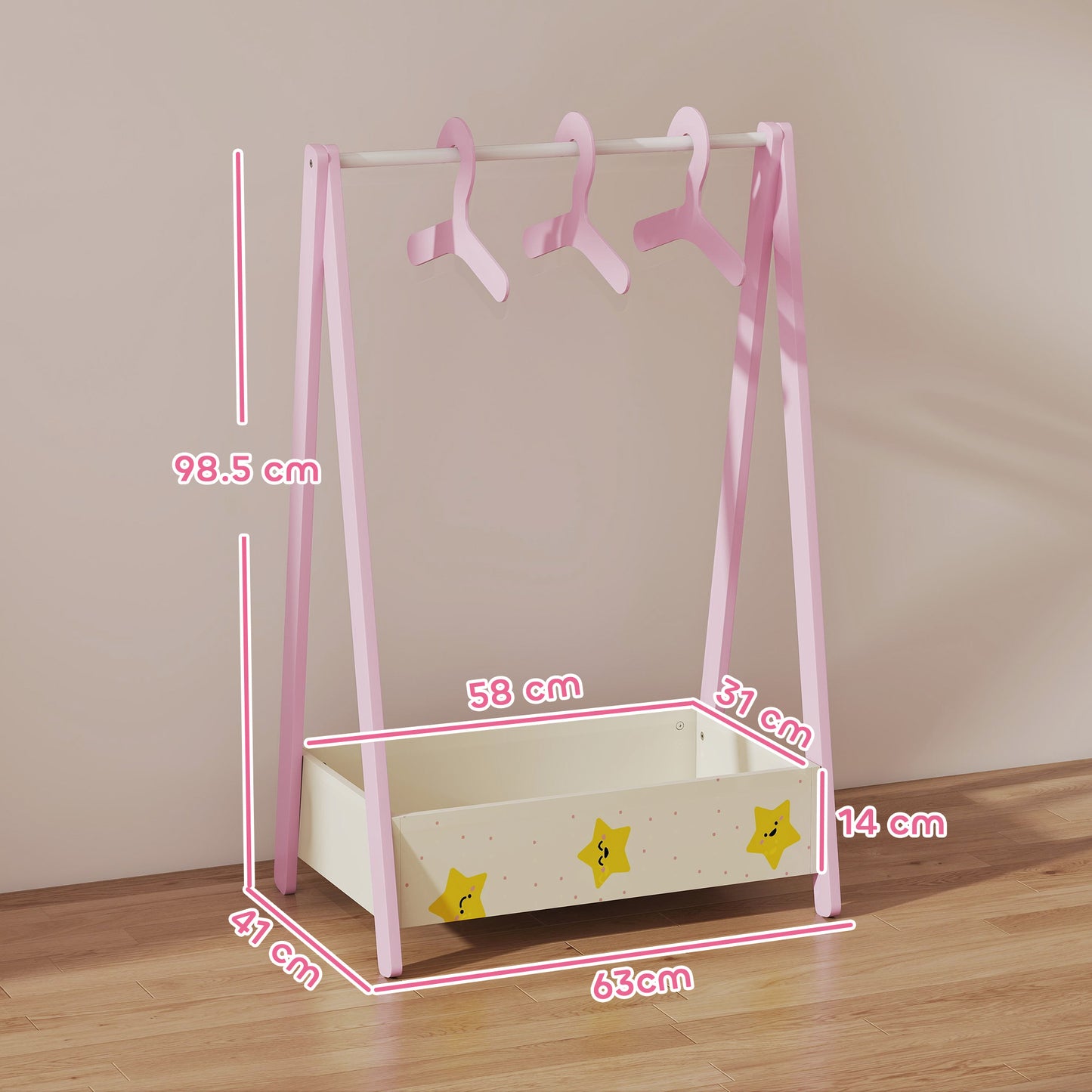 AIYAPLAY Baby Clothing Rack with Hangers, Storage Shelf for Bedroom, Star Theme, for Ages 3-6, Pink