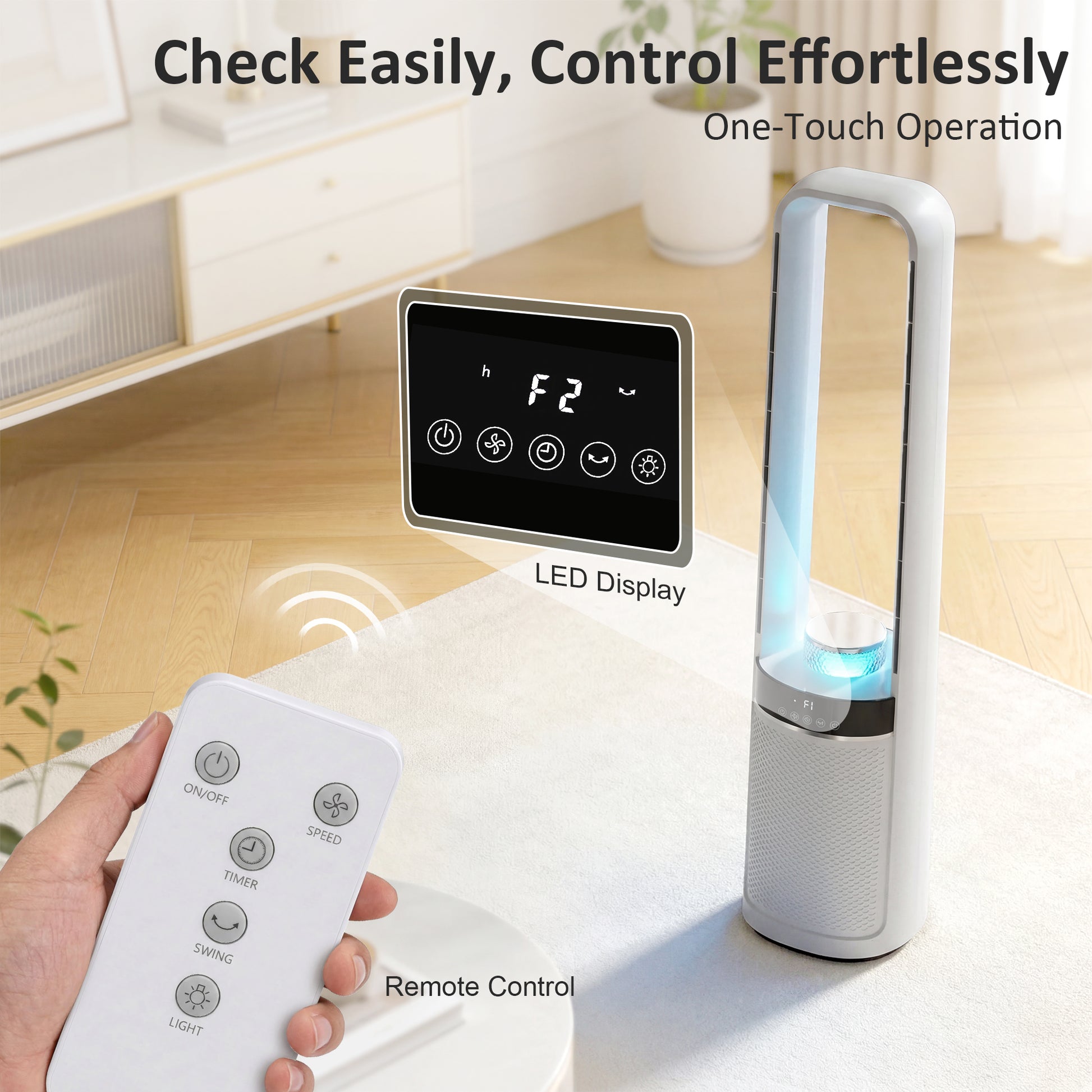HOMCOM Bladeless Tower Fan, 36dB Standing Cooling Fan with Oscillating, LED Lights, 3 Speeds, 12H Timer, Remote Control