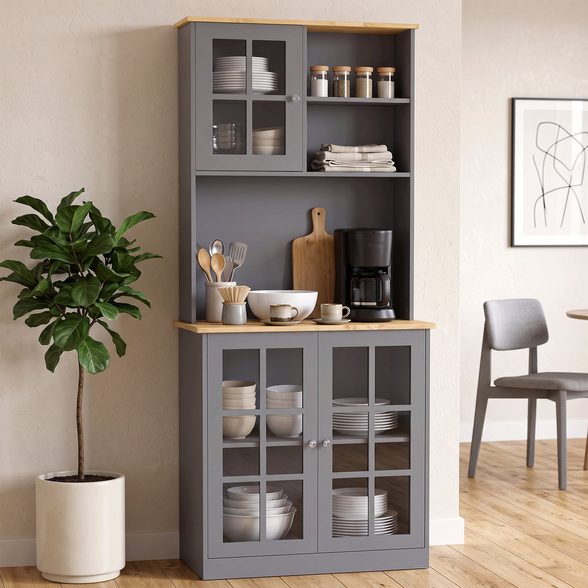 HOMCOM Kitchen Pantry, Buffet Hutch with 3 Storage Cabinets, 2 Open Shelves and Large Countertop for Kitchen, Grey