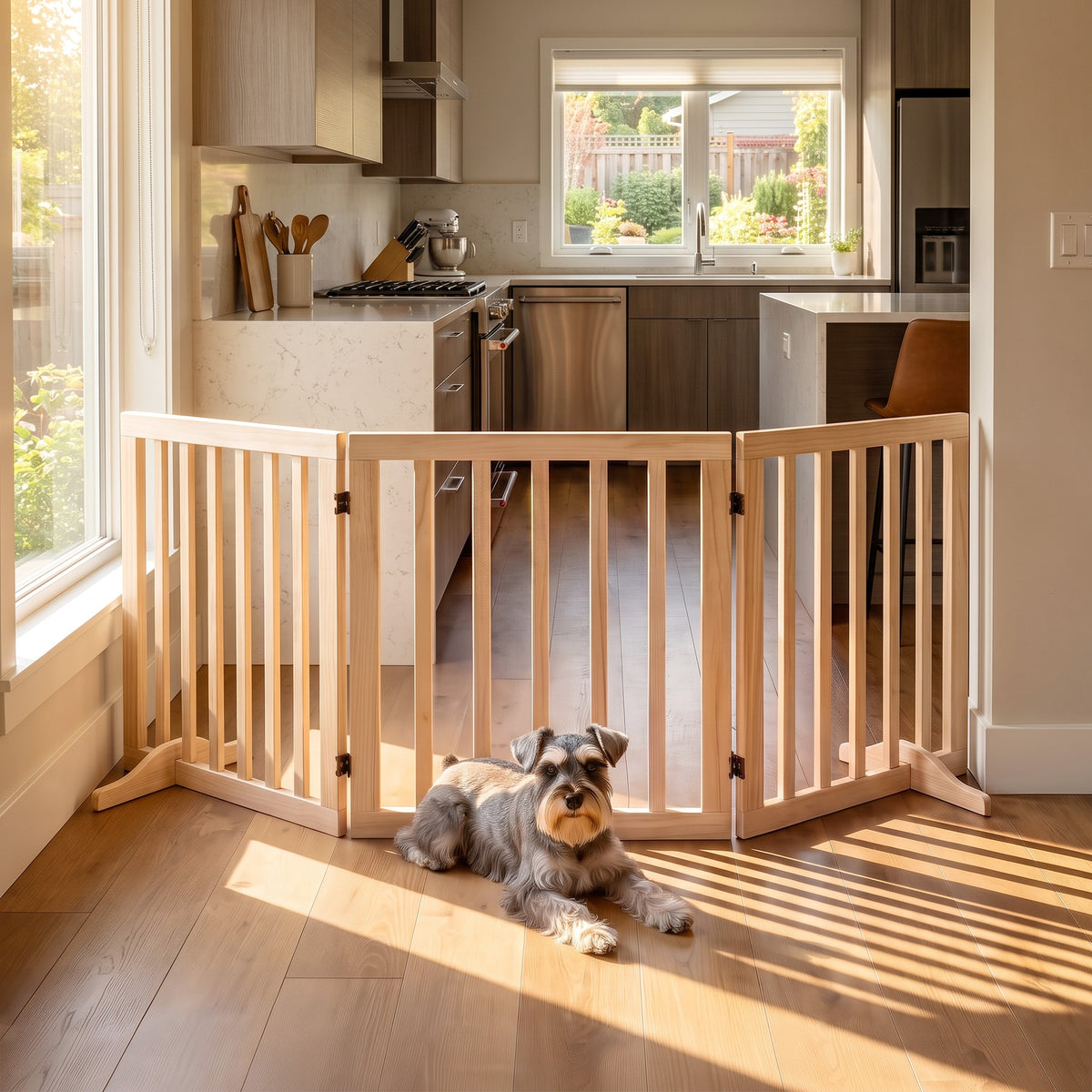 PawHut Wooden Dog Gate, 3-Panel Freestanding Pet Gates Indoor with 2 Support Feet and 360Â° Flexible Hinges, Natural