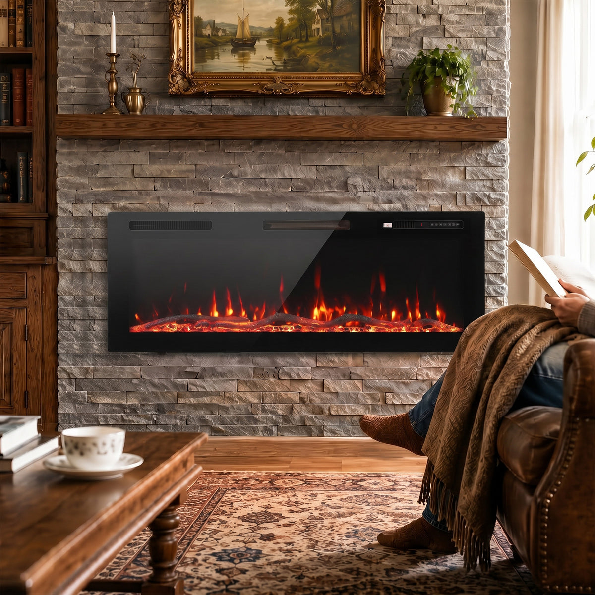 HOMCOM 3 IN 1 Slim Electric Fire, Wall Mounted/Recessed/Freestanding, Electric Fireplace with 12 Flame Colours, 5 Brightness