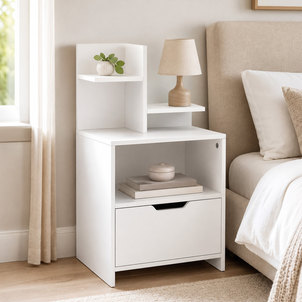 HOMCOM Modern Bedside Table, Nightstand with Drawer, Shelf, Bedside Cabinet for Bedroom, Living Room, White