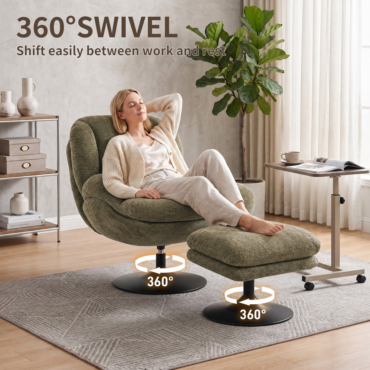 HOMCOM Modern Chenille Lazy Chair with Ottoman, 360Â° Swivel, Upholstered Reading Seat Set for Living Room, Dark Green