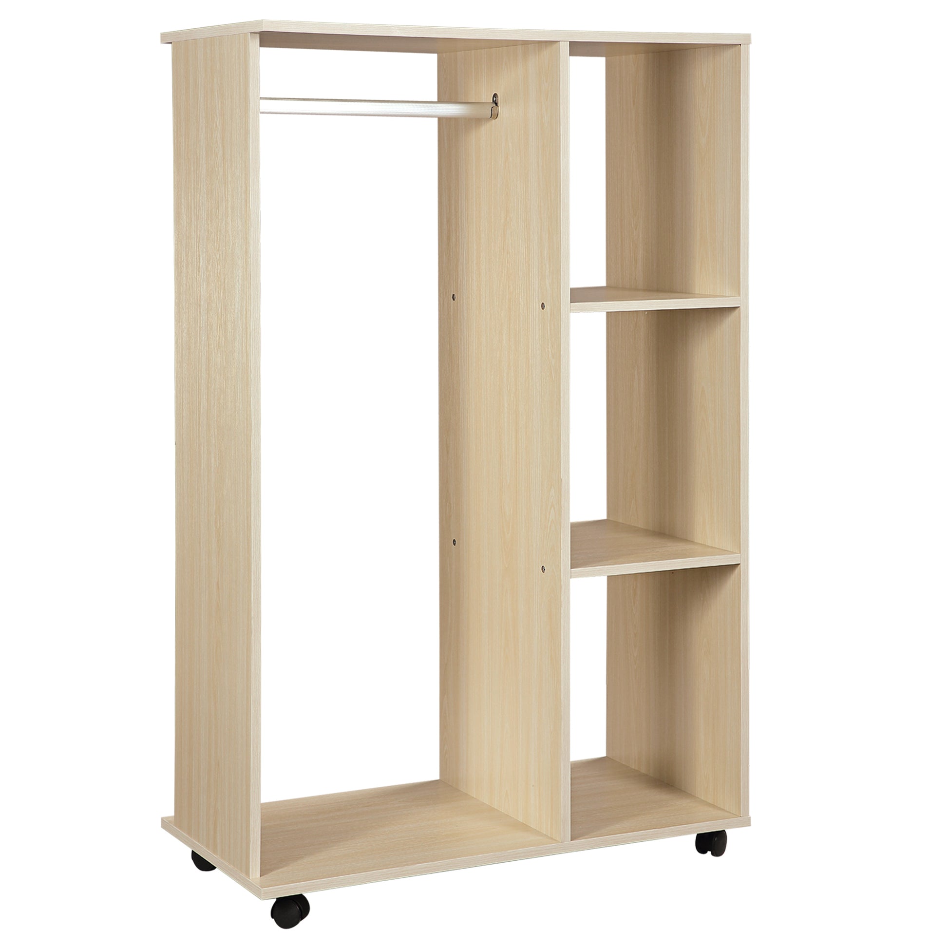 HOMCOM Open Wardrobe on Wheels, Bedroom Wardrobe with Clothes Hanging Rail, 3 Storage Shelves, Mobile Garment Rack for Cloakroom, Hallway, Maple Wood-Effect Default Title