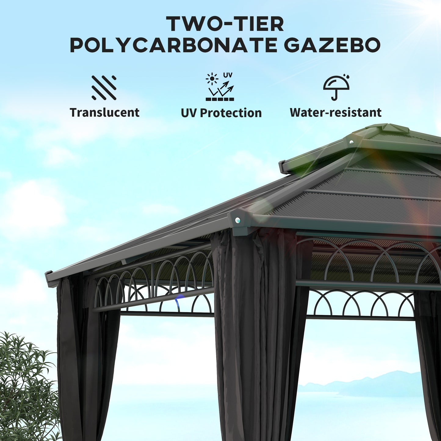 Outsunny 3 x 3 (m) Outdoor Polycarbonate Gazebo, DoubleÂ Roof Hard Top Gazebo withÂ Galvanised Steel Frame, NettingsÂ &Â Curtains for Garden, Lawn, Patio and Deck, Dark Grey