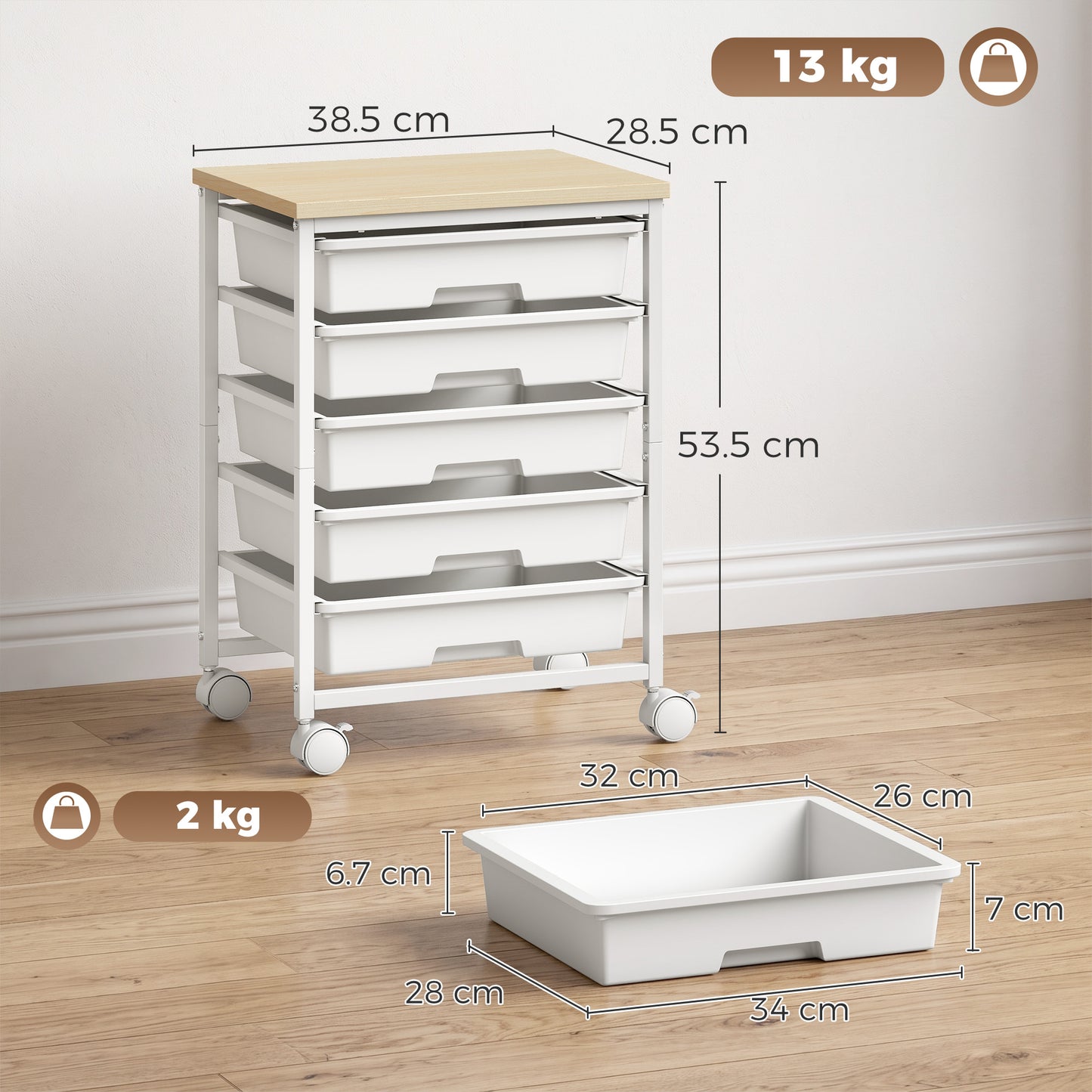 HOMCOM 6-Tier Storage Trolley on Wheels, Metal Kitchen Rolling Cart with 5 Pull-Out Drawers, White