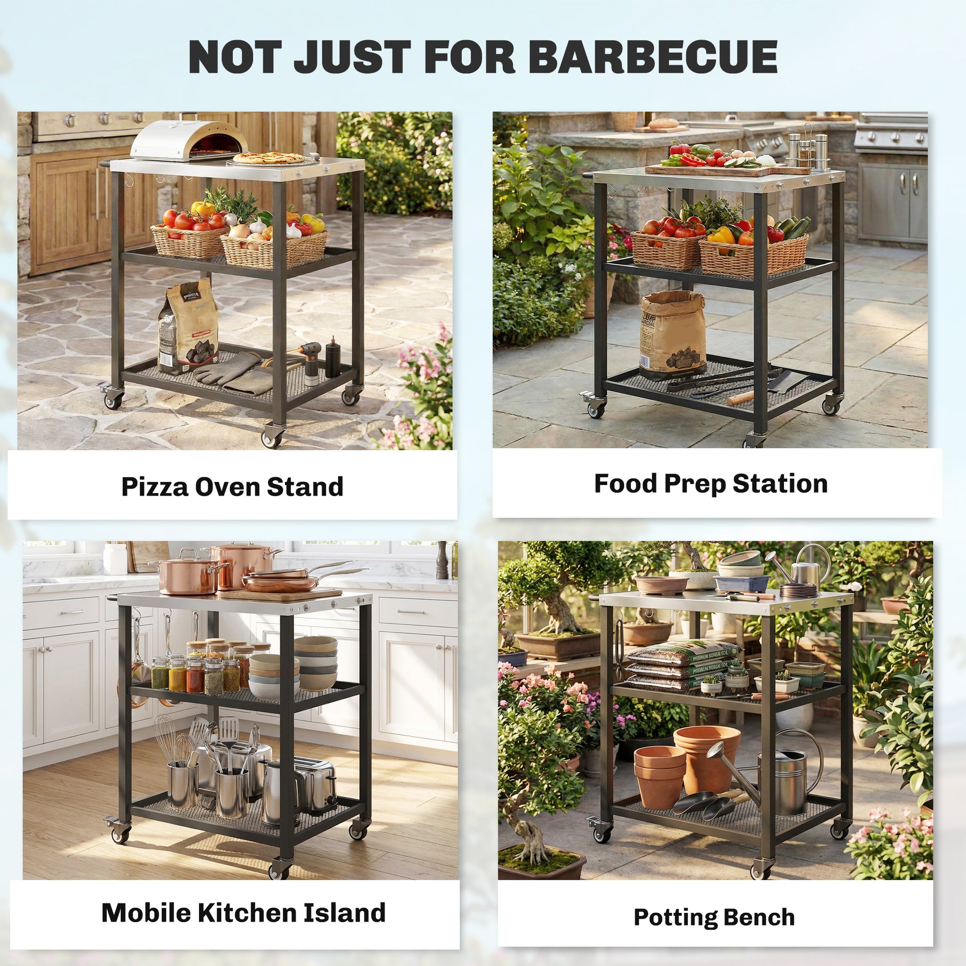 Outsunny Outdoor Grill Cart with Stainless Steel Tabletop, 3-Tier Pizza Oven Stand with Adjustable Shelf, Hooks, Wheels, Black