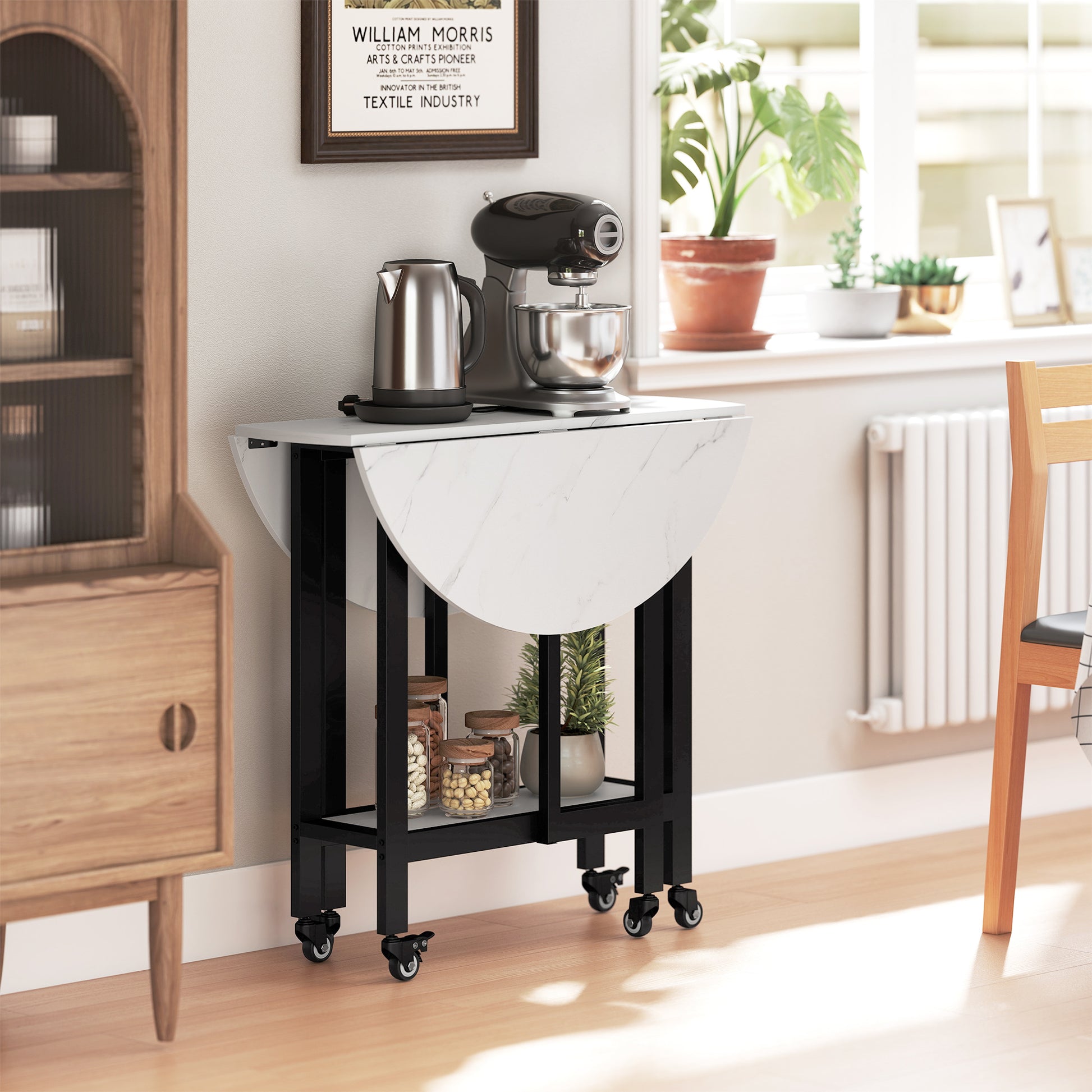 HOMCOM Folding Dining Table, Drop Leaf Table with Open Shelf, Rolling Kitchen Table for Dining Room, Small Spaces, White Marble