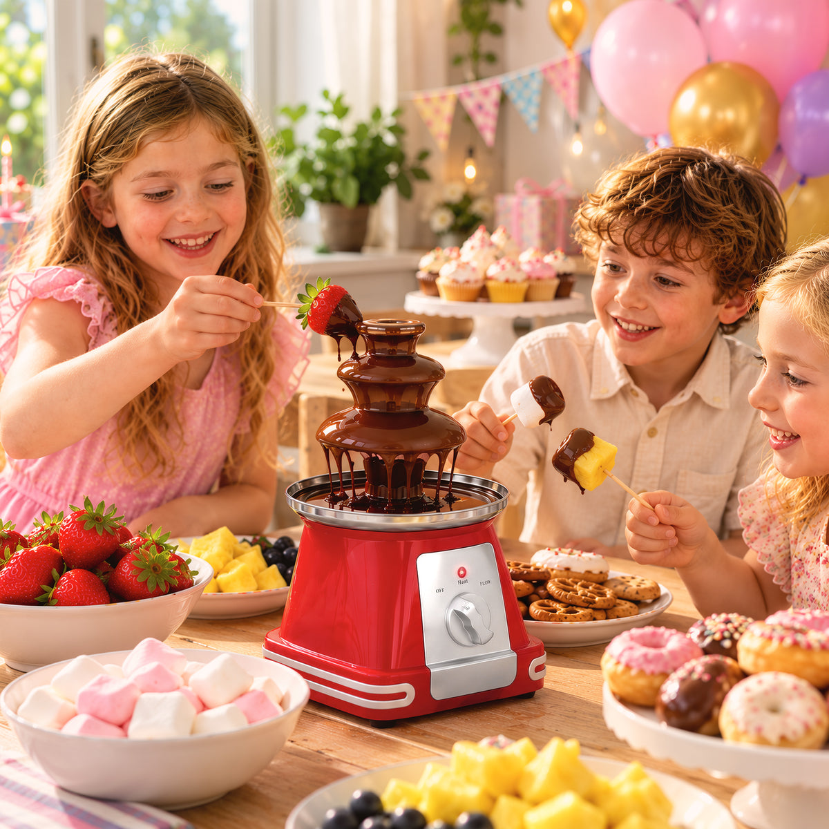 HOMCOM Stainless Steel Chocolate Fountain, 3-Tier 270 ml Electric Fondue Set with Hot Melting Pot Base for Parties, Red