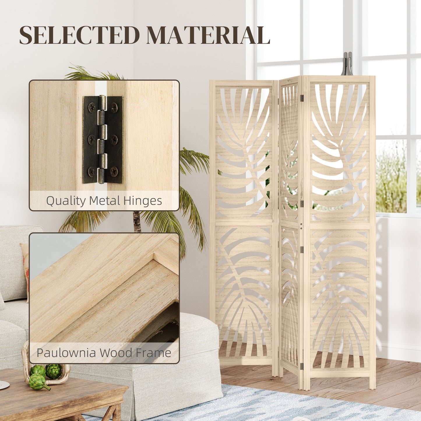 HOMCOM 3 Panel Room Divider, Detachable Folding Privacy Screens with Palm Leaf Design for Home Office, Natural Wood Finish