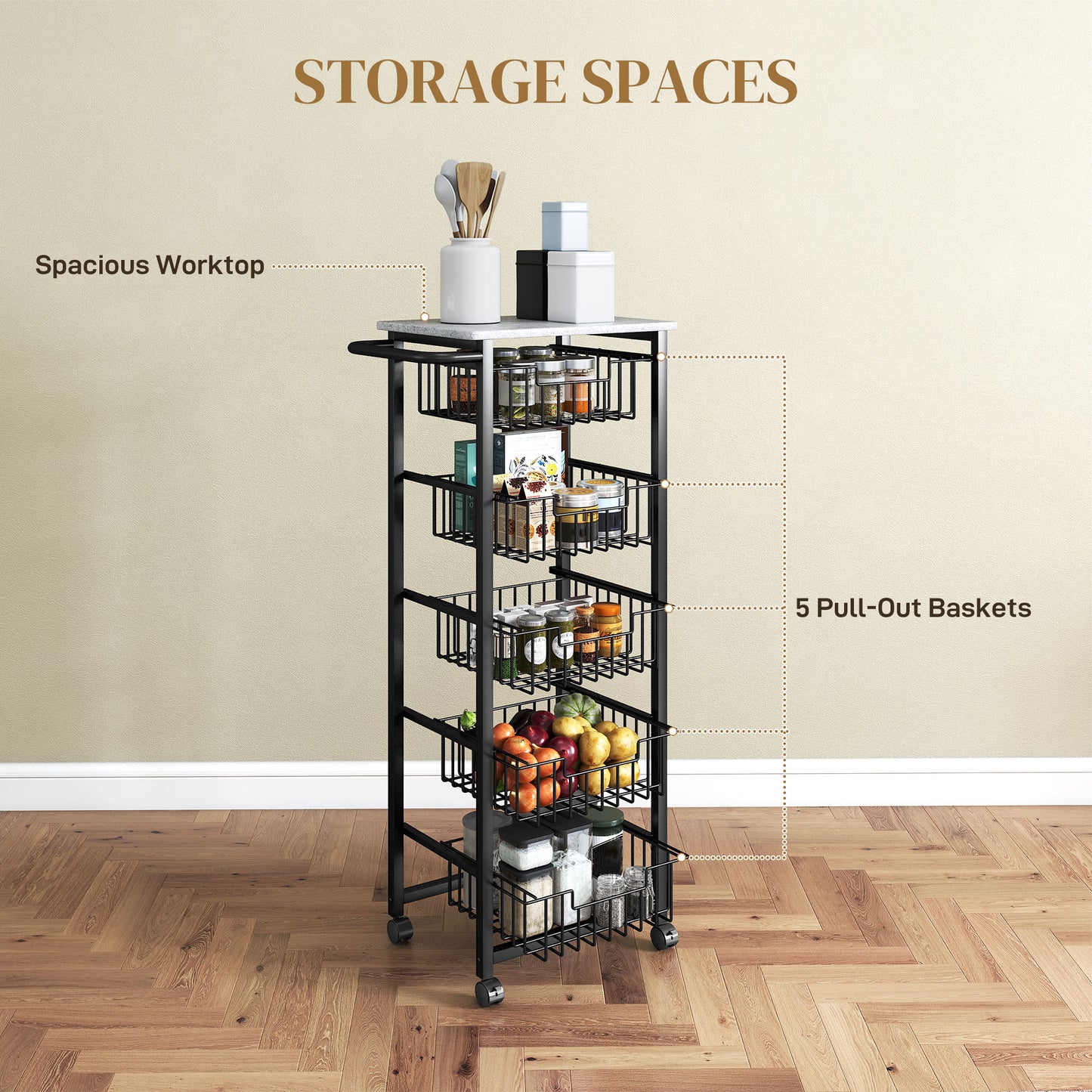 HOMCOM Five Basket Mobile Kitchen Island, with Brakes - Grey/Black