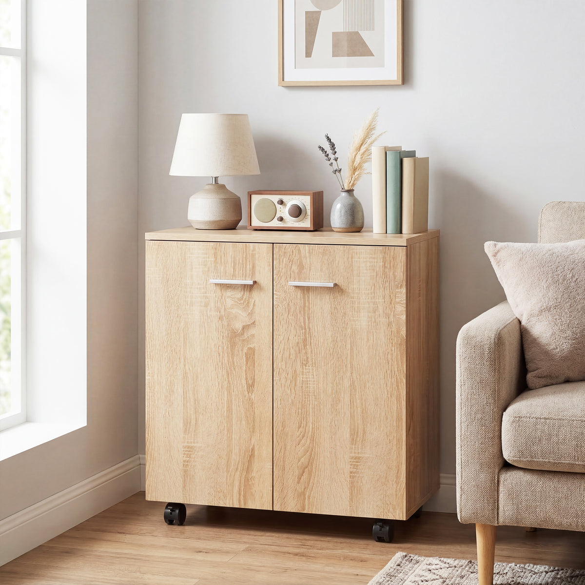 HOMCOM Mobile Sideboard Cabinet with 2 Doors and Internal Shelves for Living Room, Bedroom, 60L x 35W x 65H cm, Natural Wood