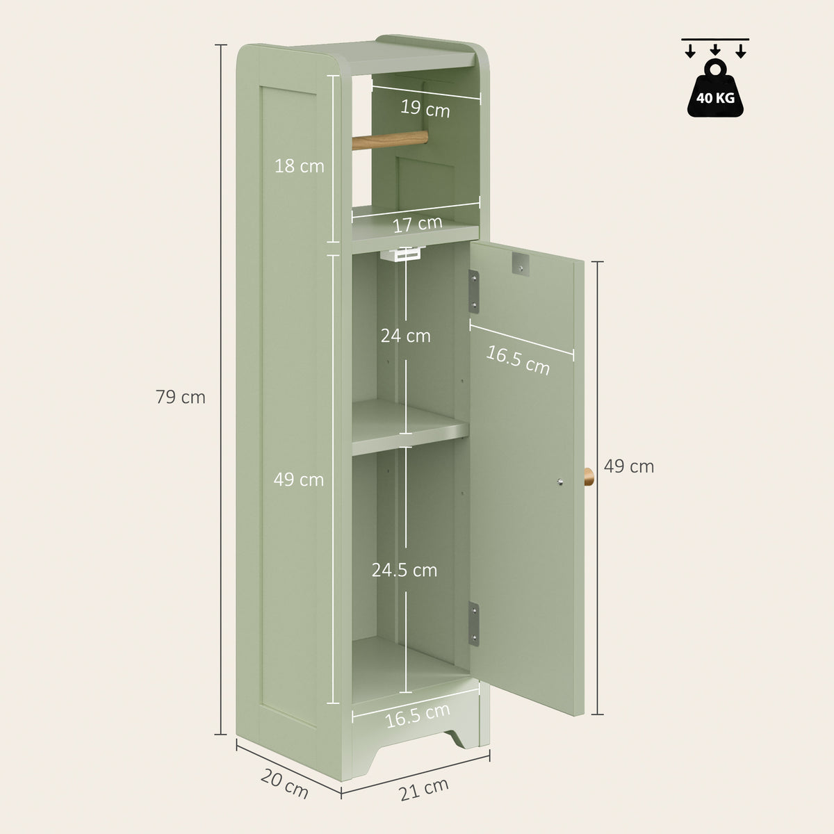 HOMCOM Small Bathroom Storage Cabinet with Toilet Roll Holder - Light Green