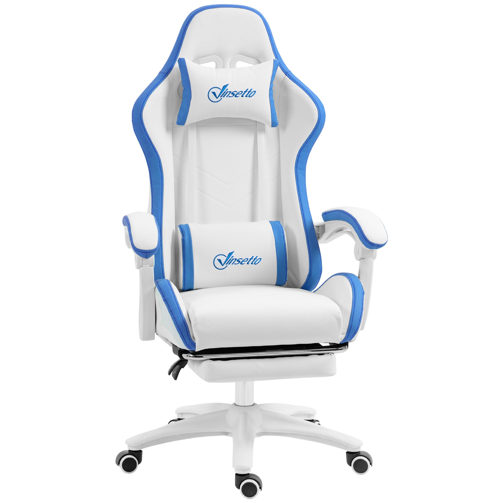 Vinsetto Computer Gaming Chair, PU Leather Office Desk Chair with Footrest, Swivel Wheels, 135Â° Reclining Back, Lumbar Support, Headrest for Home, White and Blue