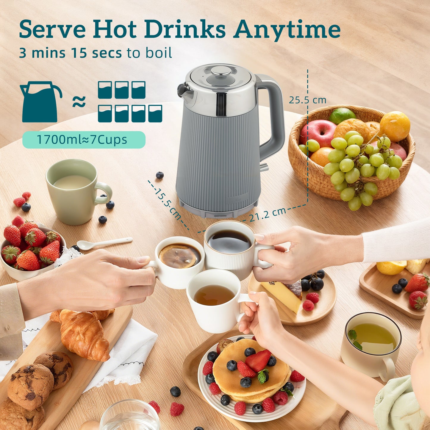 HOMCOM Electric Stainless Steel Kettle and Toaster Set, 3000W 1.7L UK Strix Thermostat Fast Boil Kettle w/ Limescale Filter, Cool Touch Body, 4 Slice Toaster with 7 Browning Levels, Crumb Tray, Taupe