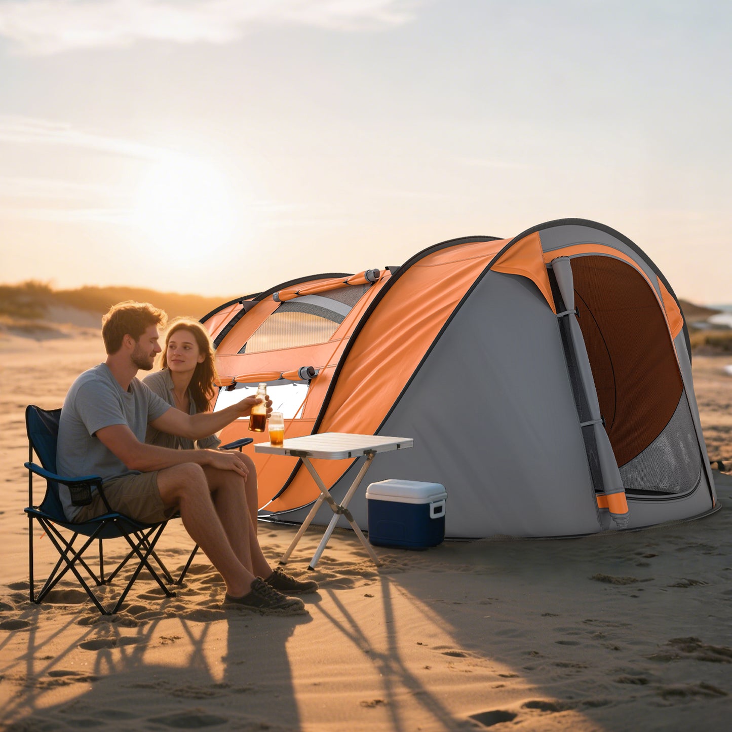Outsunny 4 Person Pop-up Camping Tent Family Tent with Ground Sheet, 4 Windows and Portable Carry Bag for Beach Outdoor Trip, Orange