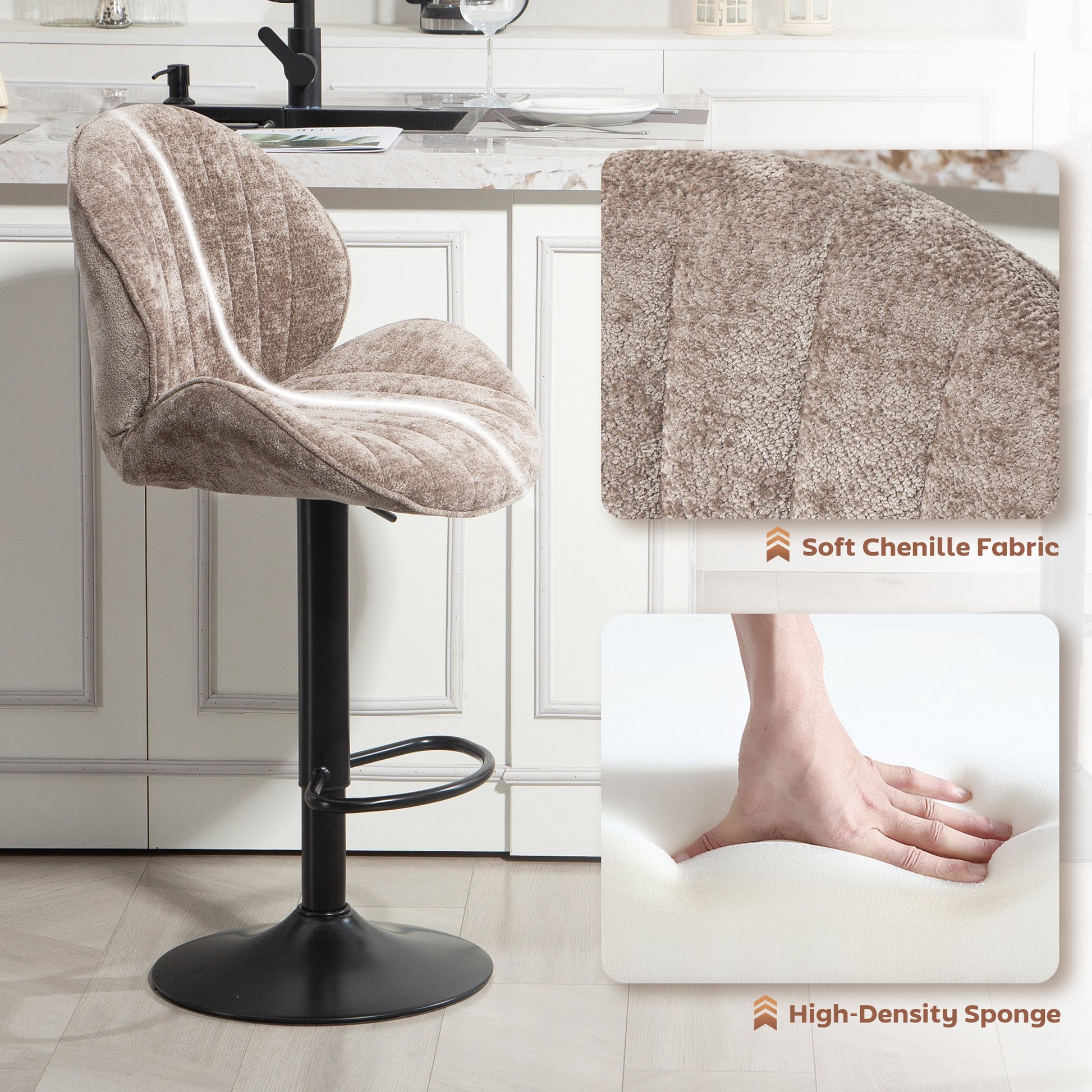 HOMCOM Bar Stools Set of 2, Swivel Barstools with Back, Adjustable Height and Footrest for Kitchen Island, Dining Room, Brown