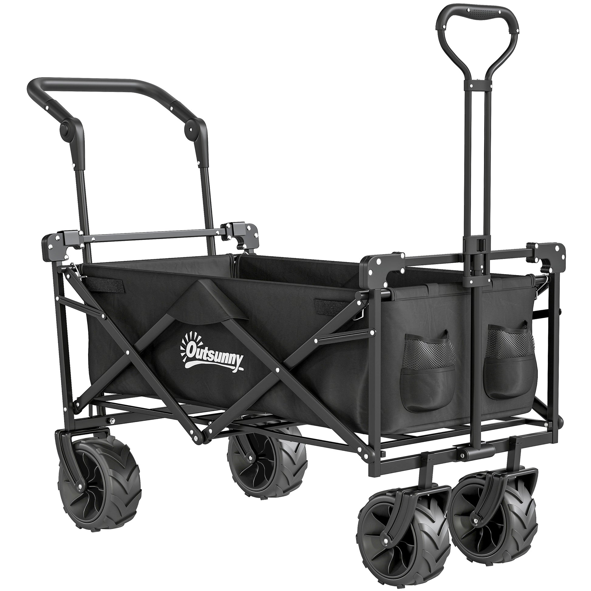 Outsunny 180L Festival Trolley on Wheels, Push & Pull Beach Cart with Removable Canopy, Wide All-Terrain Wheels, Folding Camping Trolley Cart, Adjustable Handle for Garden Fishing Shopping, Black