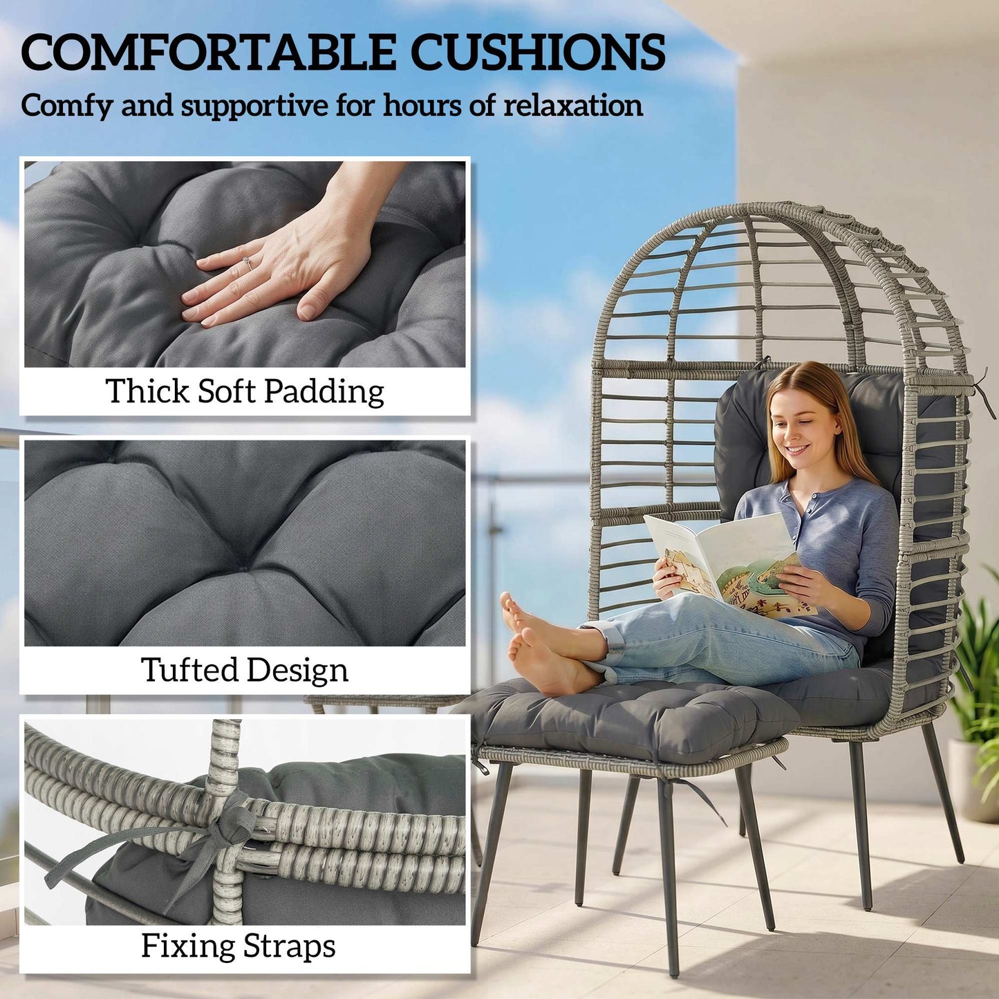 Outsunny Garden Egg Chair with Footstool, Rattan Indoor Outdoor Lounge Chair and Ottoman Set with Thick Cushions, Light Grey