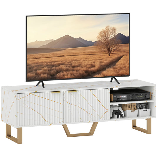 HOMCOM Marble Effect TV Unit, Modern TV Stand Cabinet for up to 70" TVs, with Shelves and Storage Cupboard, Fluted Door, Extra Centre Leg, Cable Management for Living Room, White