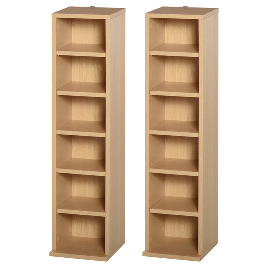 HOMCOM 204 CD Media Display Shelf Unit Set of 2 Blu-Ray Tower Rack w/ Adjustable Shelves Bookcase Storage Organiser, Natural Wood Colour