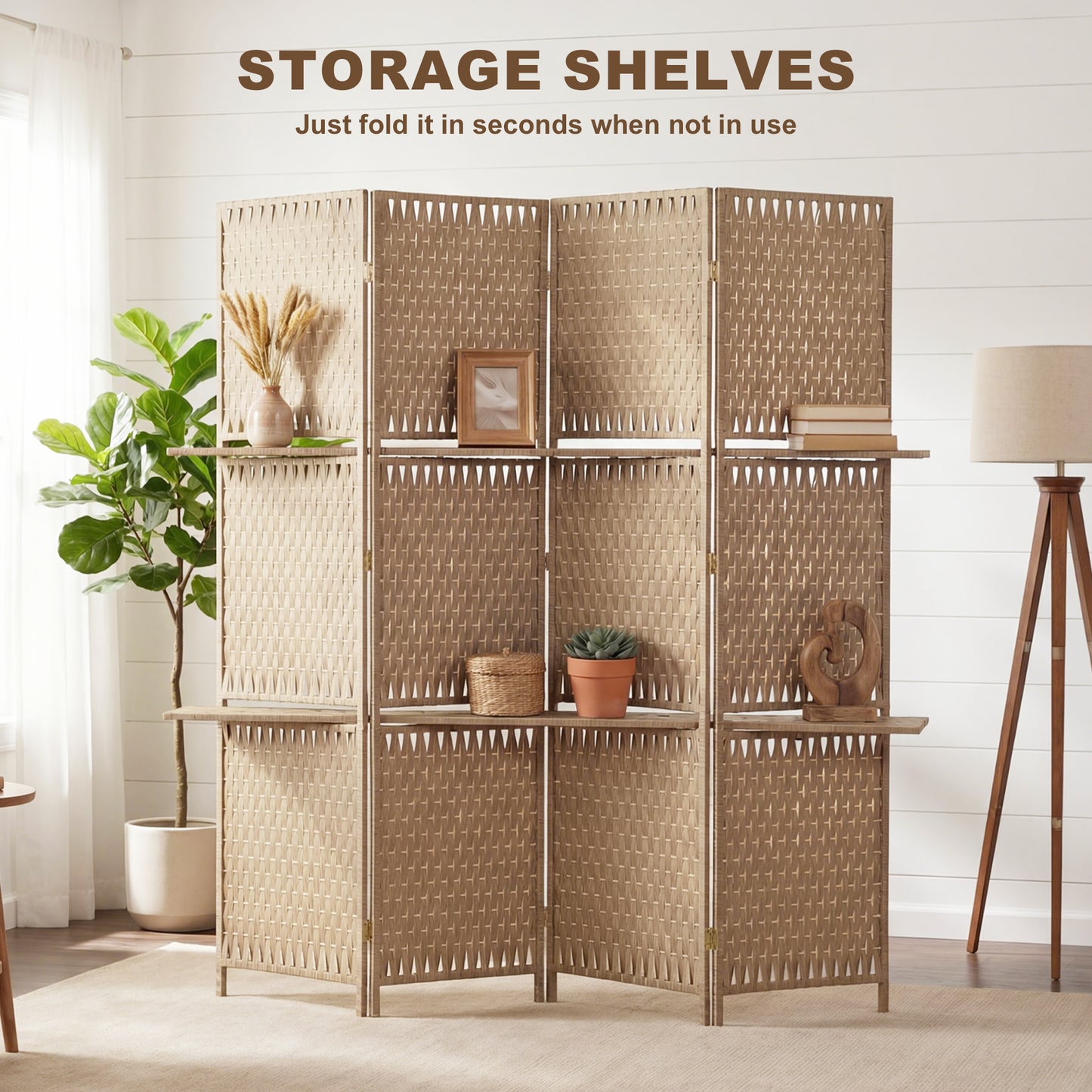 HOMCOM Wave Fibre Freestanding Folding Privacy Screen Panels, Room Divider, Natural Wood Finish