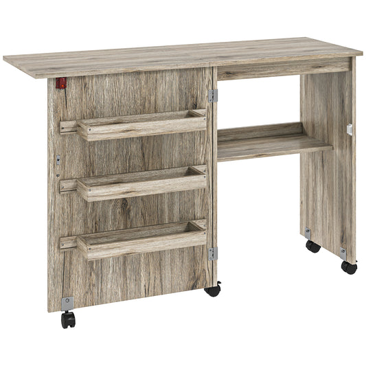 HOMCOM Folding Sewing Table, Drop Leaf Craft Table with Storage Bins, Open Shelf and Wheels, Rolling Sewing Machine Cabinet Computer Desk for Small Space, Grey