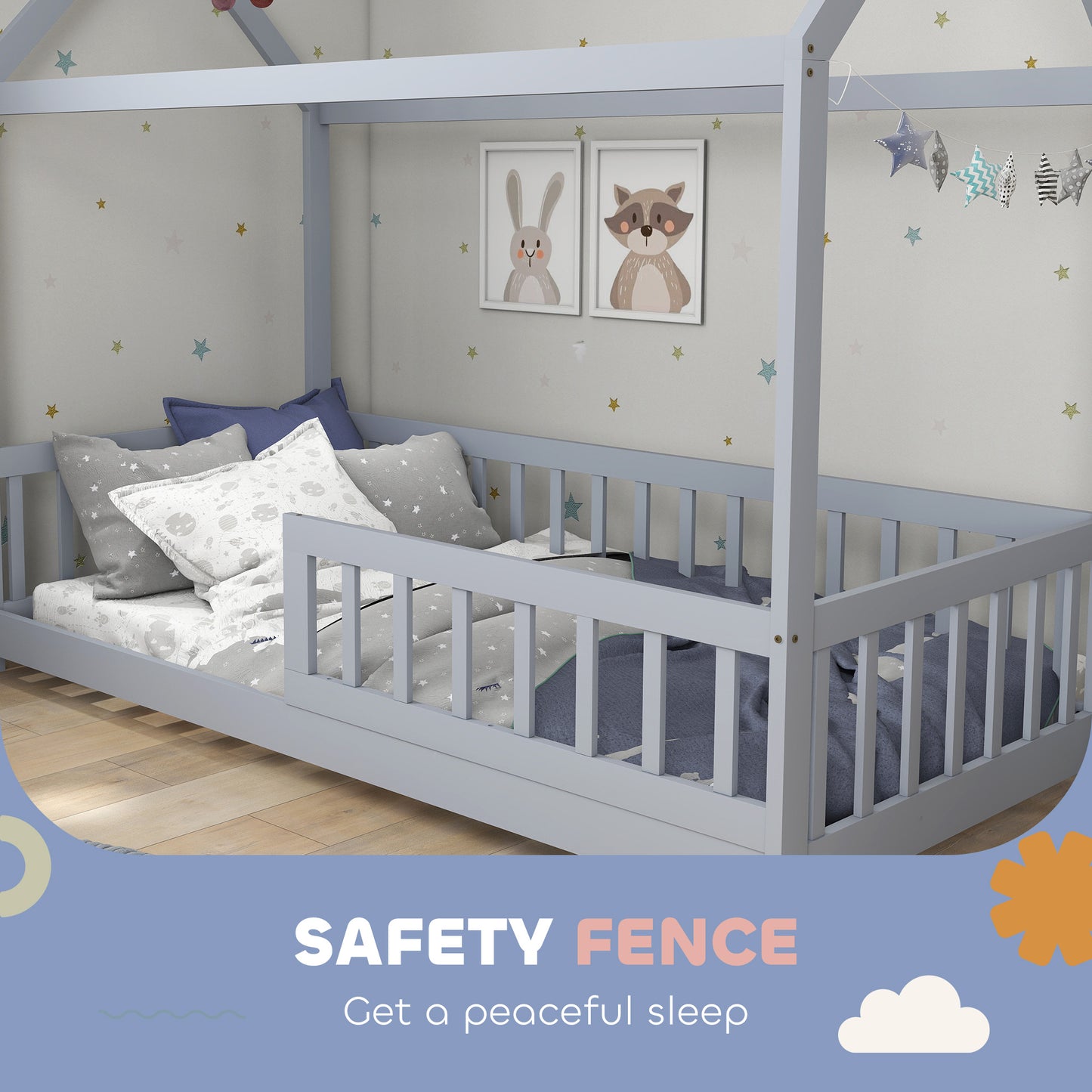 HOMCOM House-Shaped Kids Bed Frame with Guard Rails, Solid Pine Wood Single Bed Frame for Kids Boys and Girls, Grey