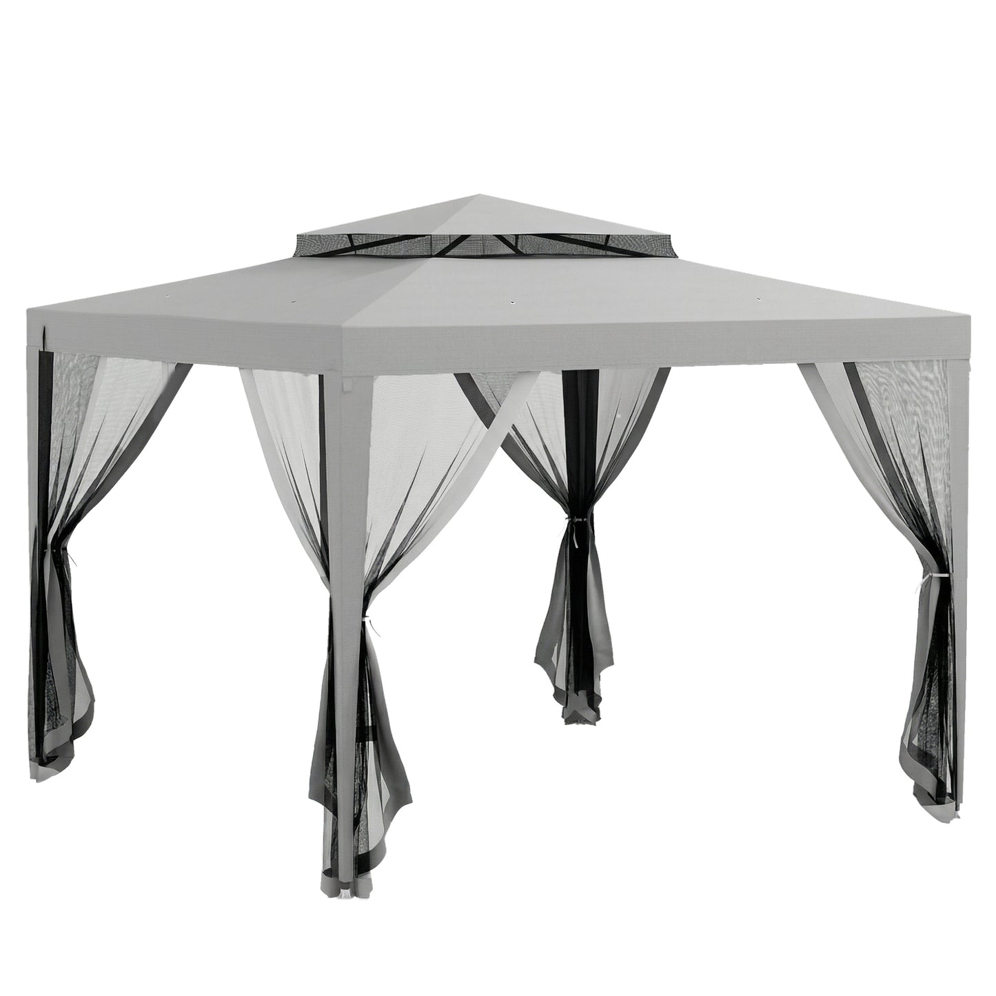 Outsunny 3 x 3 m Gazebo, Netting Party Tent, Patio Canopy Outdoor Event Shelter with Double Tier Roof, Light Grey
