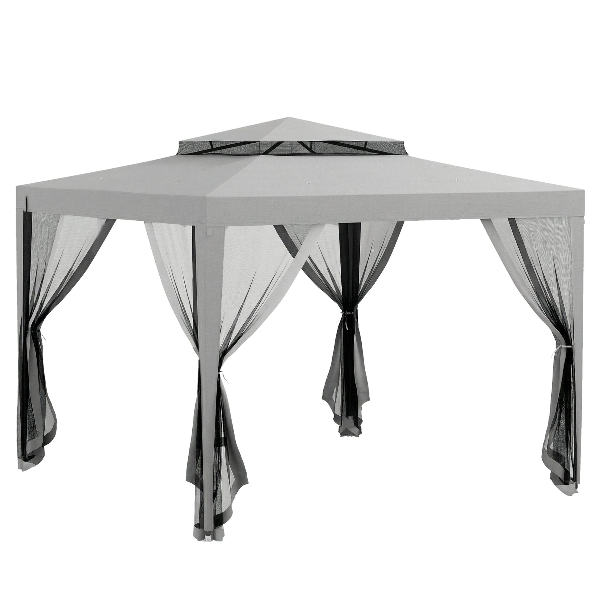 Outsunny 3 x 3 m Gazebo, Netting Party Tent, Patio Canopy Outdoor Event Shelter with Double Tier Roof, Light Grey