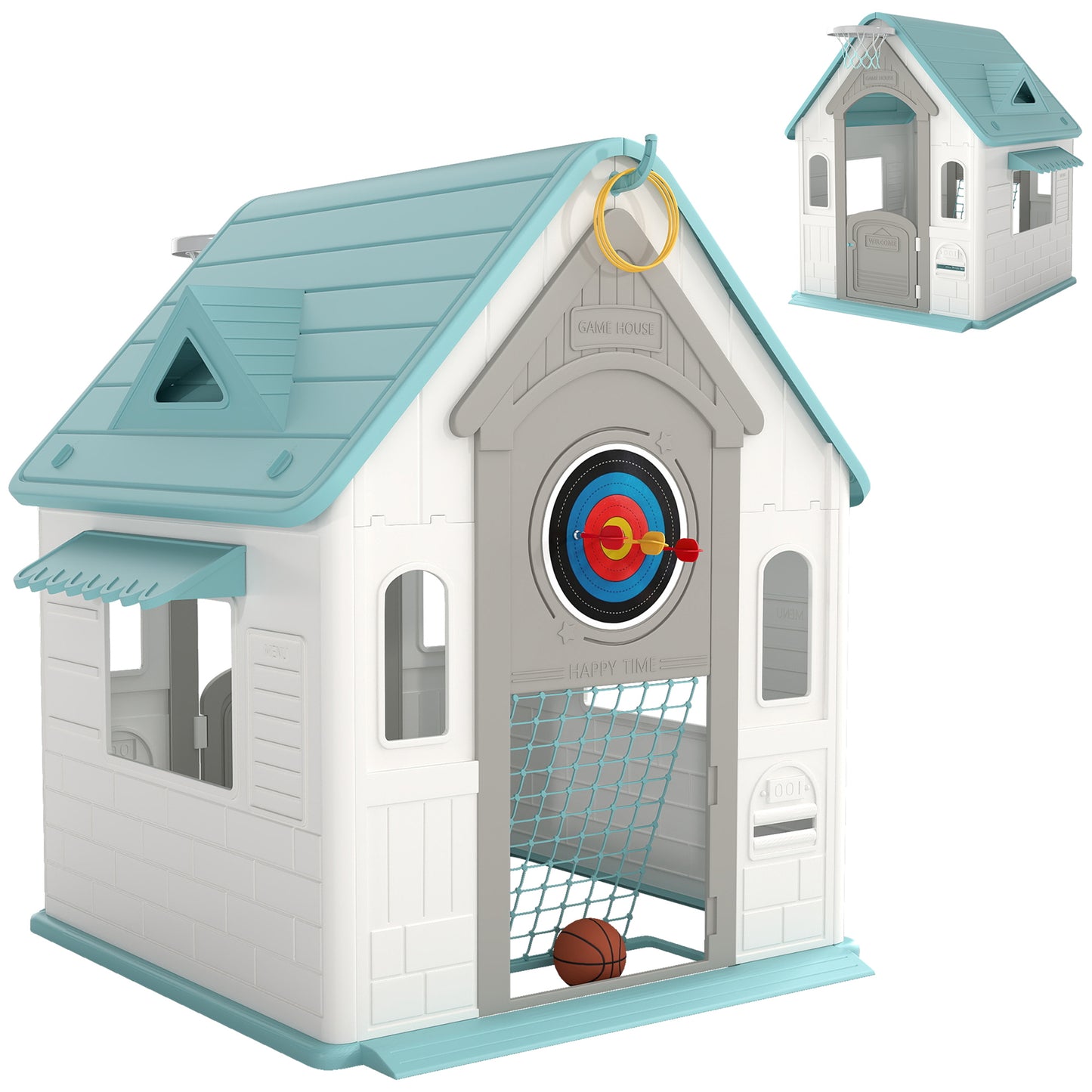 AIYAPLAY 5-in-1 Playhouse for Kids Outdoor Indoor with Basketball Hoop, Football Goal, Dartboard, Ring Toss for 2-5 Years, Beige Default Title