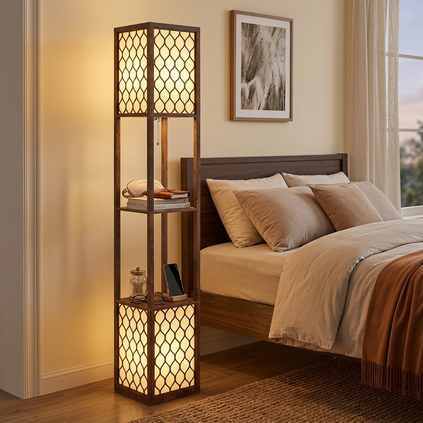HOMCOM Floor Lamp with Shelves, Modern Tall Standing Lamp with Fabric Lampshades, Zipper Switch and Dual Light, Rustic Brown