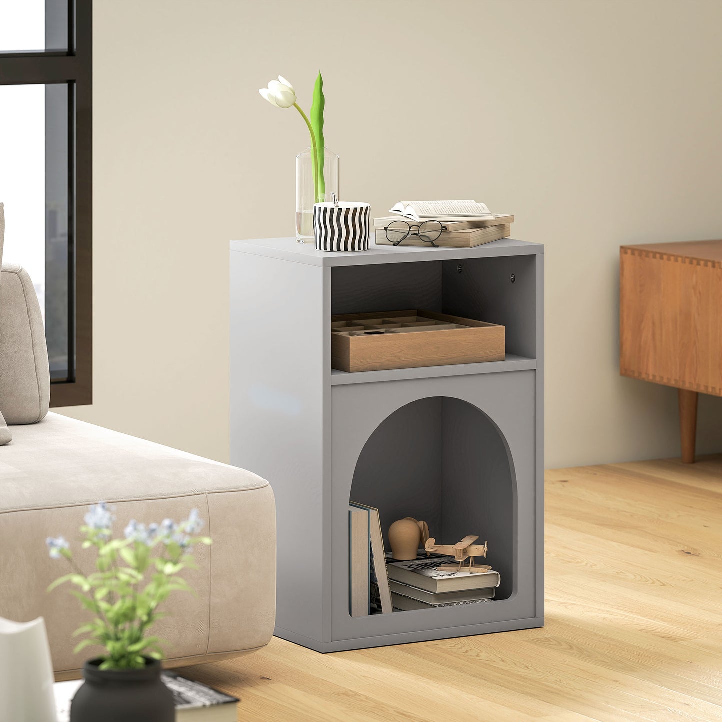 HOMCOM Bedside Table with 2 Open Compartments - Grey