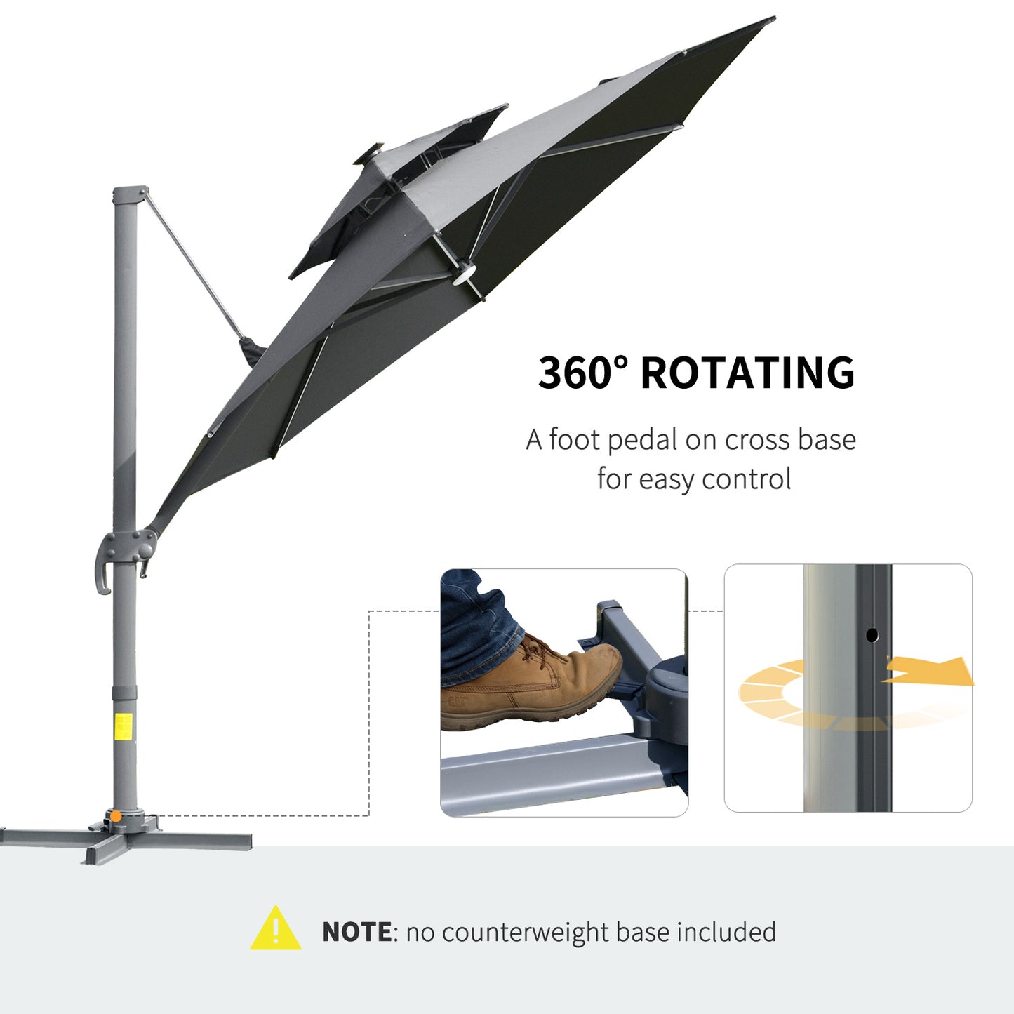 Outsunny 3m Cantilever Parasol w/ Solar Lights Power Bank Base 360Â° Spin Dark Grey