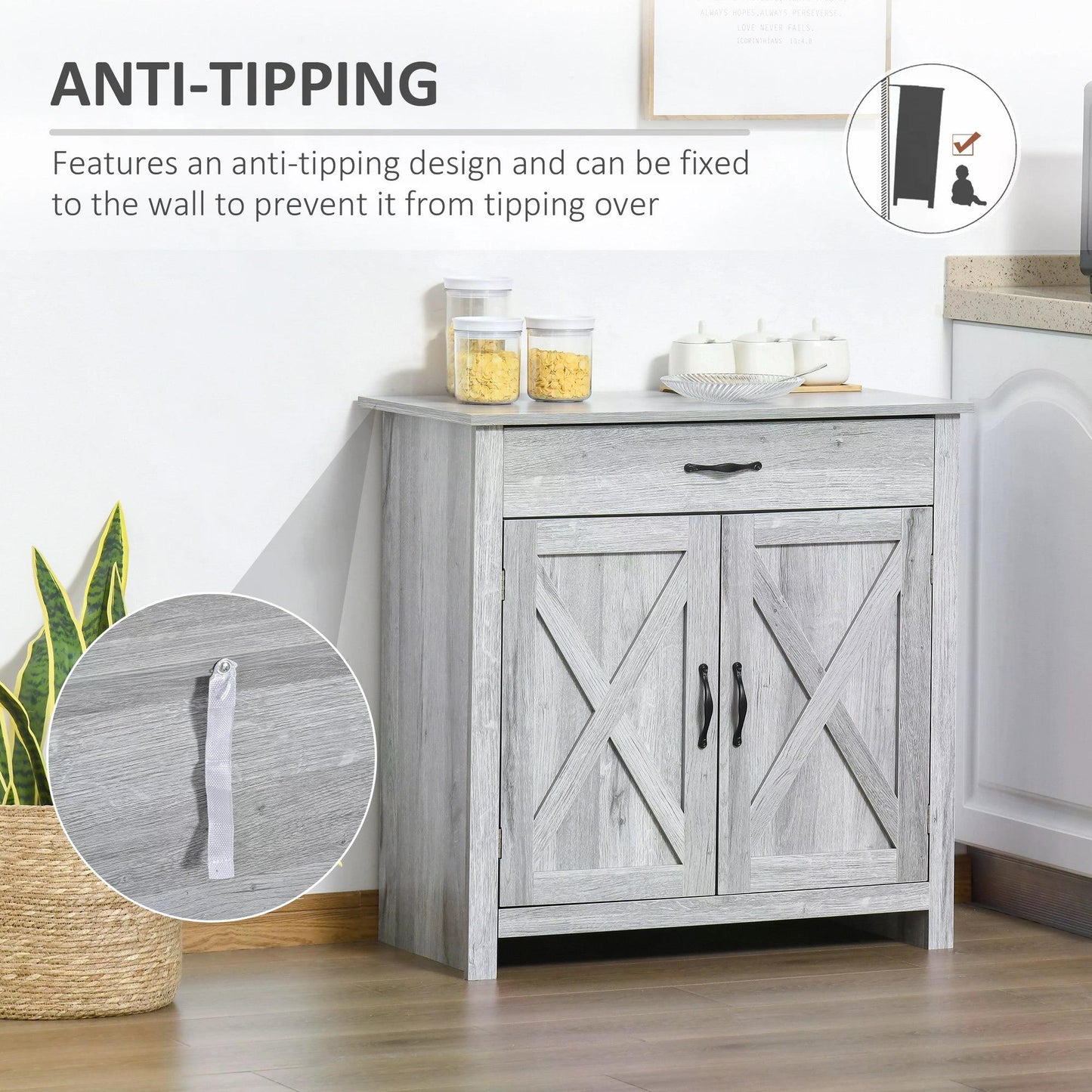 HOMCOM Farmhouse Barn Door Sideboard Storage Cabinet Coffee Bar for LIVING Room â€“ Grey Grain