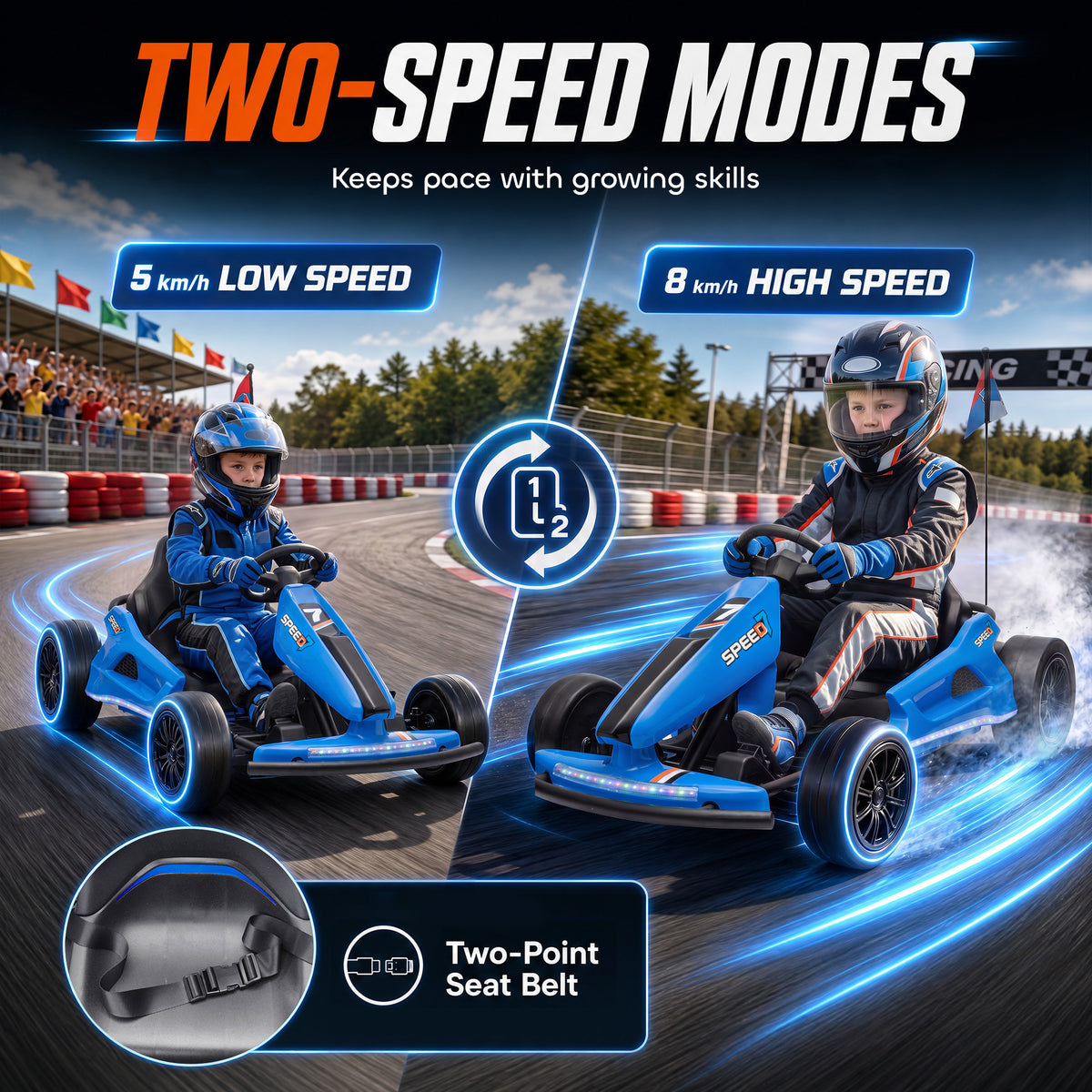 AIYAPLAY 24V Electric Drift Go Kart for Kids with Dual Motors, Soft Start, 12 KM/H High Speed, Headlight, for Ages 6-14, Blue