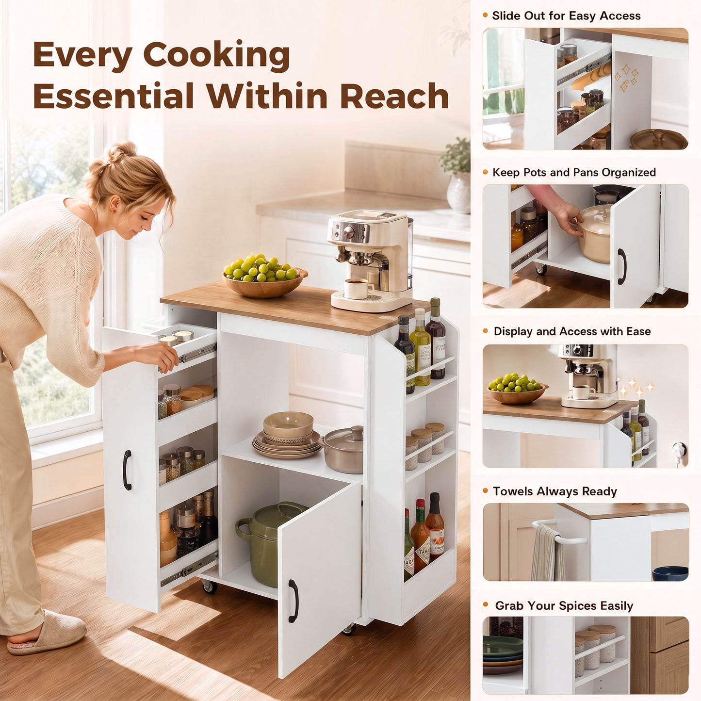 HOMCOM Kitchen Trolley on Wheels, Rolling Kitchen Island Cart with Power Outlet, Cabinet, Pull-Out Drawer, White