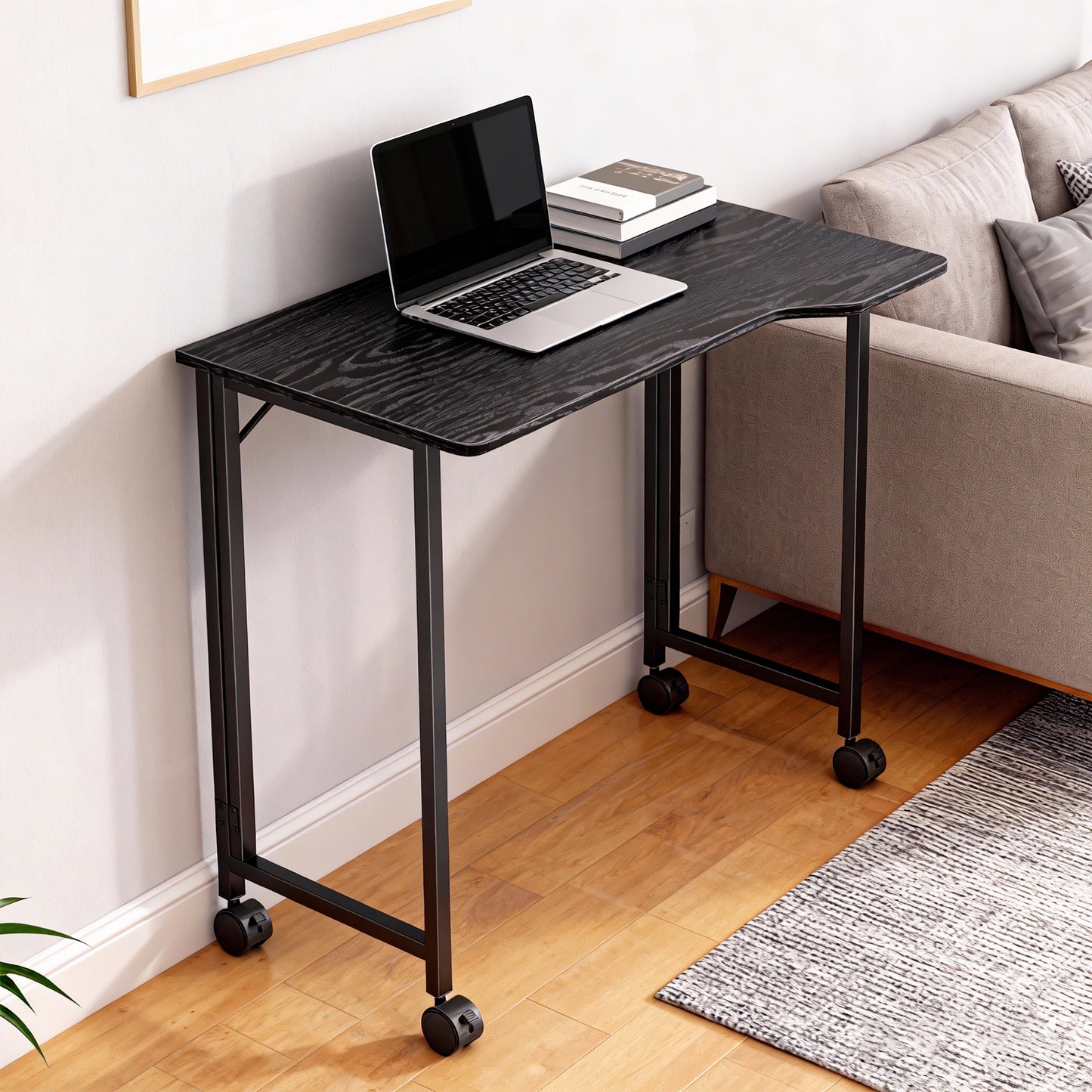 HOMCOM Folding Small Desk on Wheels - Black Wood Effect