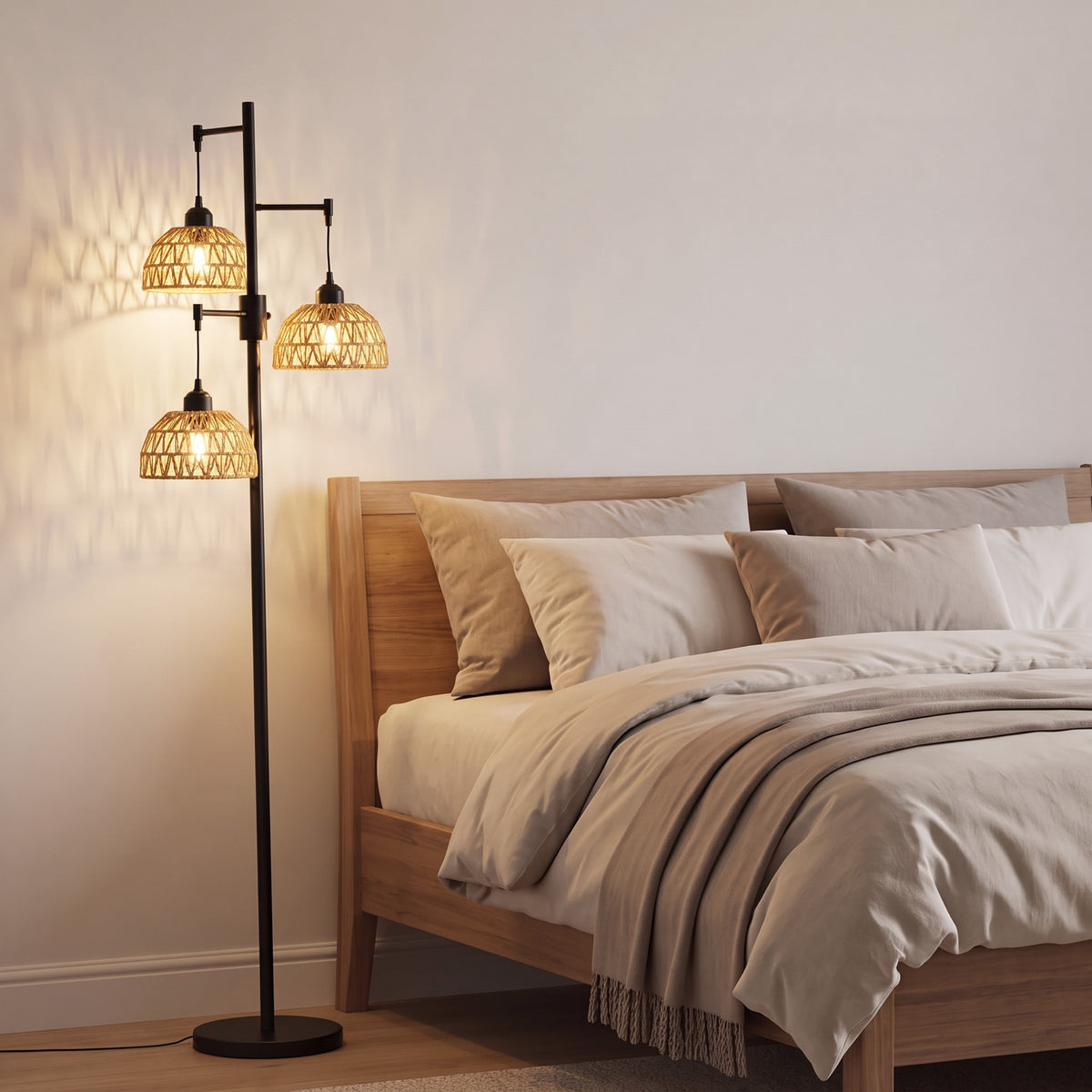 HOMCOM 3-Light Floor Lamp, Standing Lamp with Paper Rope Shades, 4-Stage Rotary Switch for Living Room, Bedroom, Study