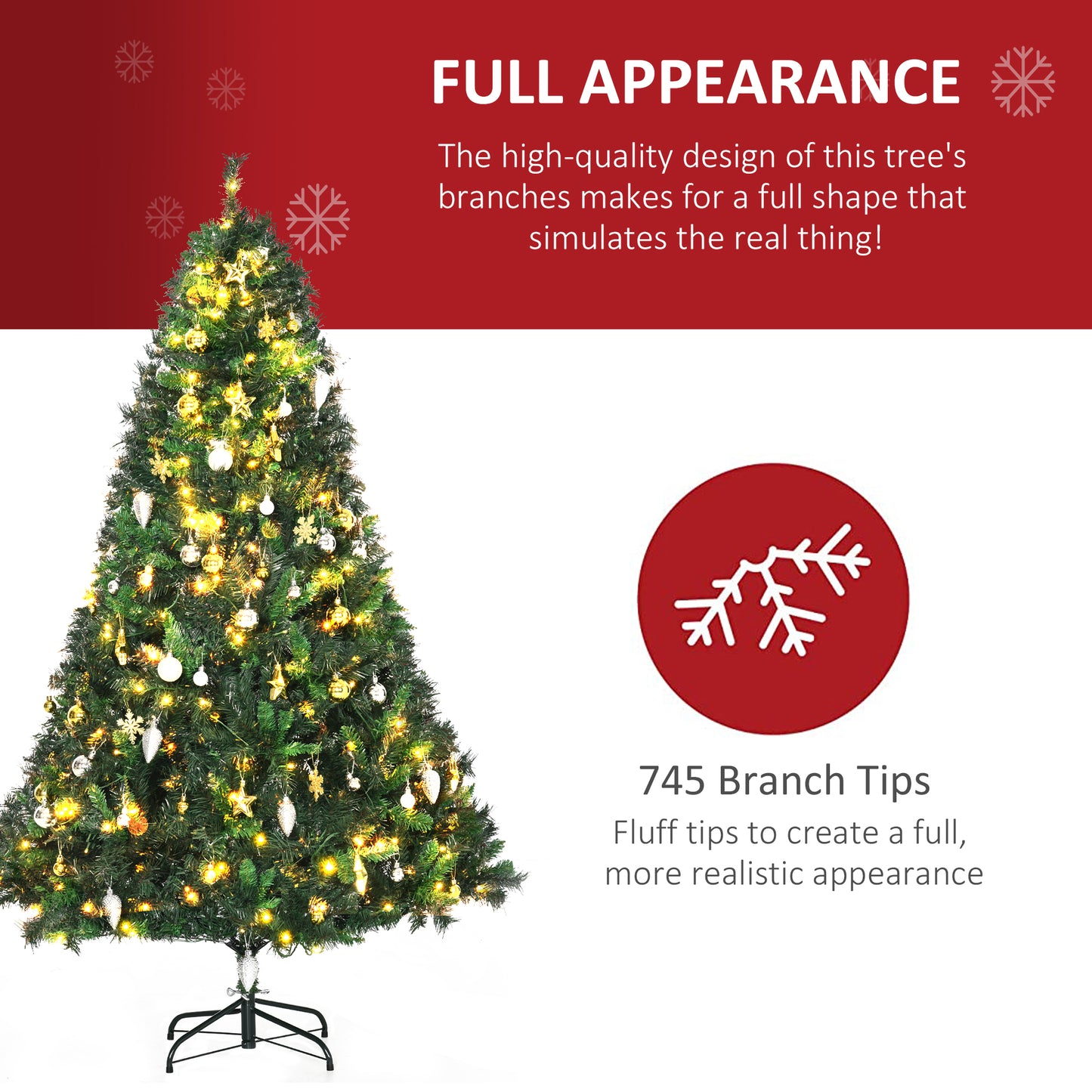 HOMCOM 1.8m 6ft Pre-Lit Artificial Christmas Tree 200 LED Xmas Tree Holiday DÃ©cor with Decorative Balls Ornament Metal Stand