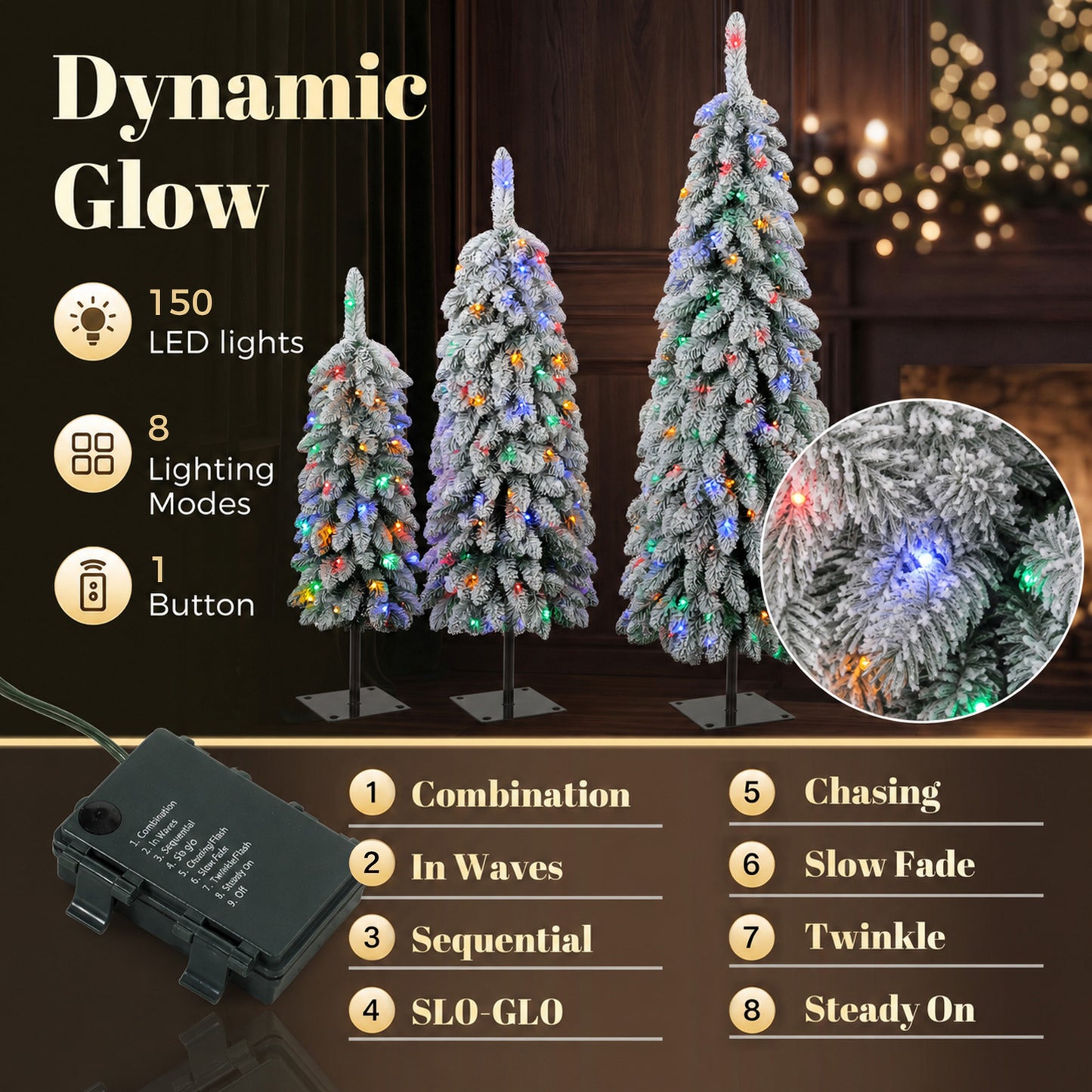 HOMCOM Artificial Christmas Tree Set of 3, Snowy Pre-Lit Christmas Tree with PVC Branch Tips, 90/120/150 cm, Green White